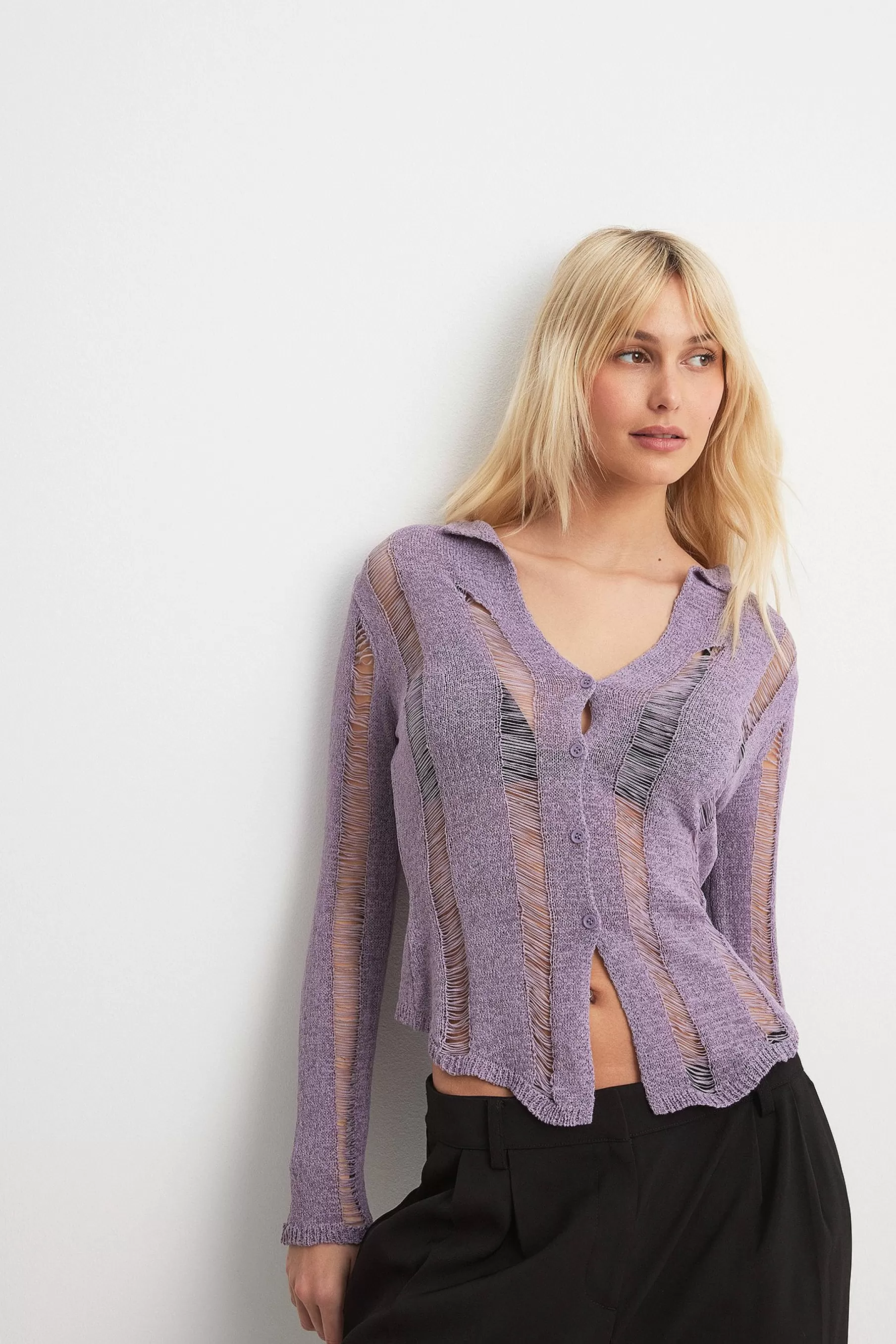 NA-KD Fine Knitted Distressed Cardigan Purple