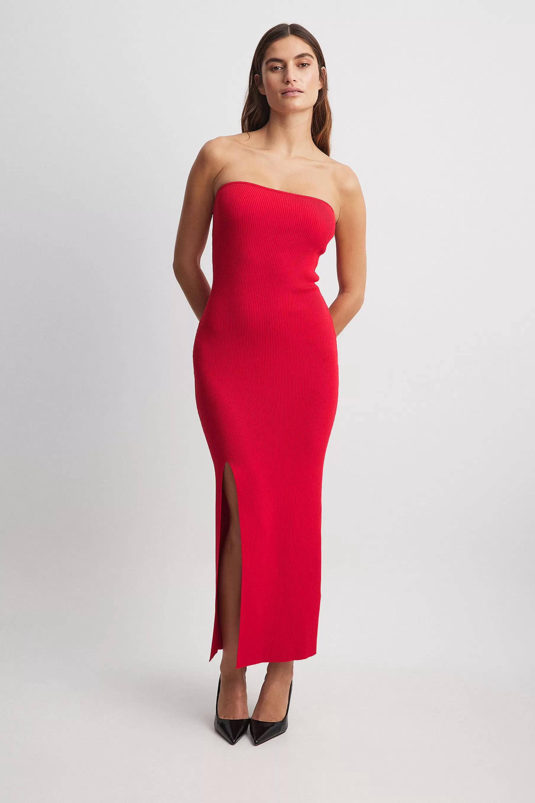 NA-KD Fine Knitted High Slit Tube Dress Red