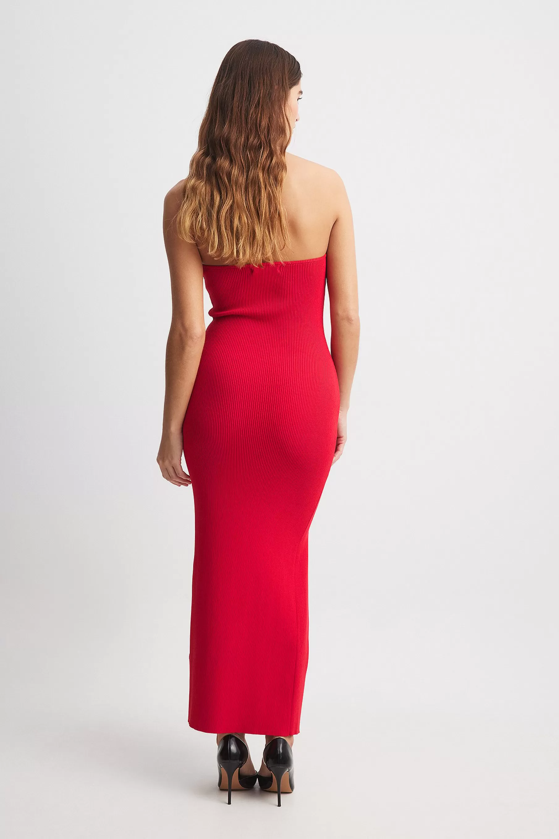 NA-KD Fine Knitted High Slit Tube Dress Red