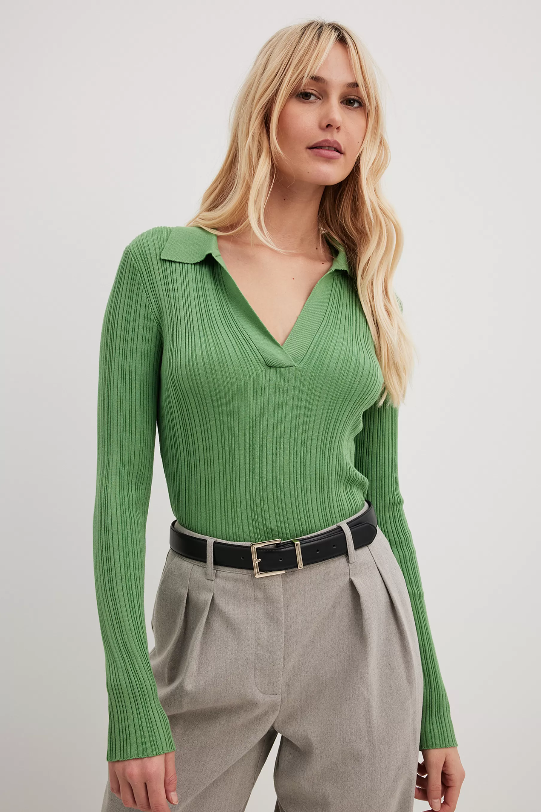 NA-KD Fine Knitted Long Sleeved Collar Top Green