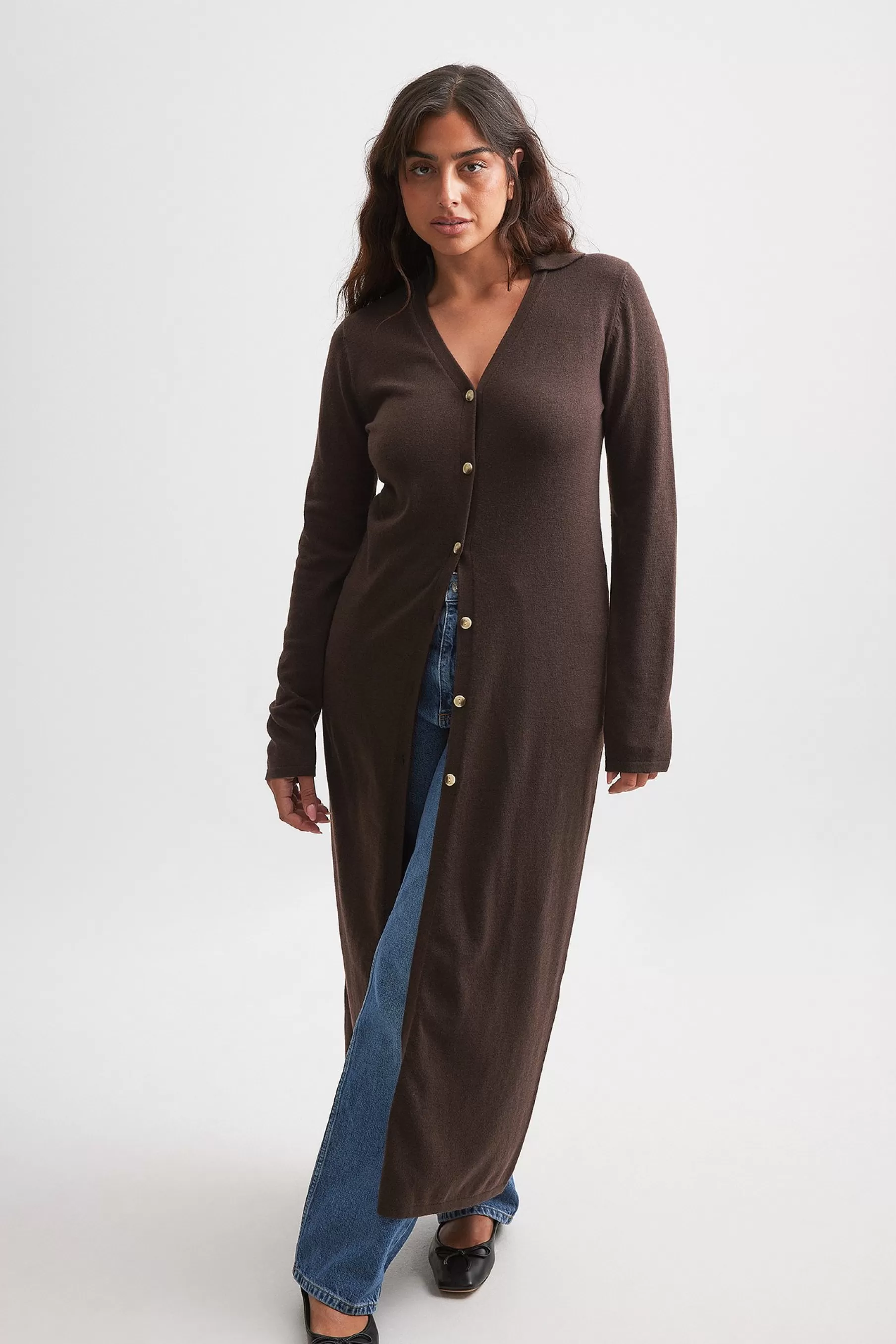 NA-KD Fine Knitted Maxi Cardigan Brown