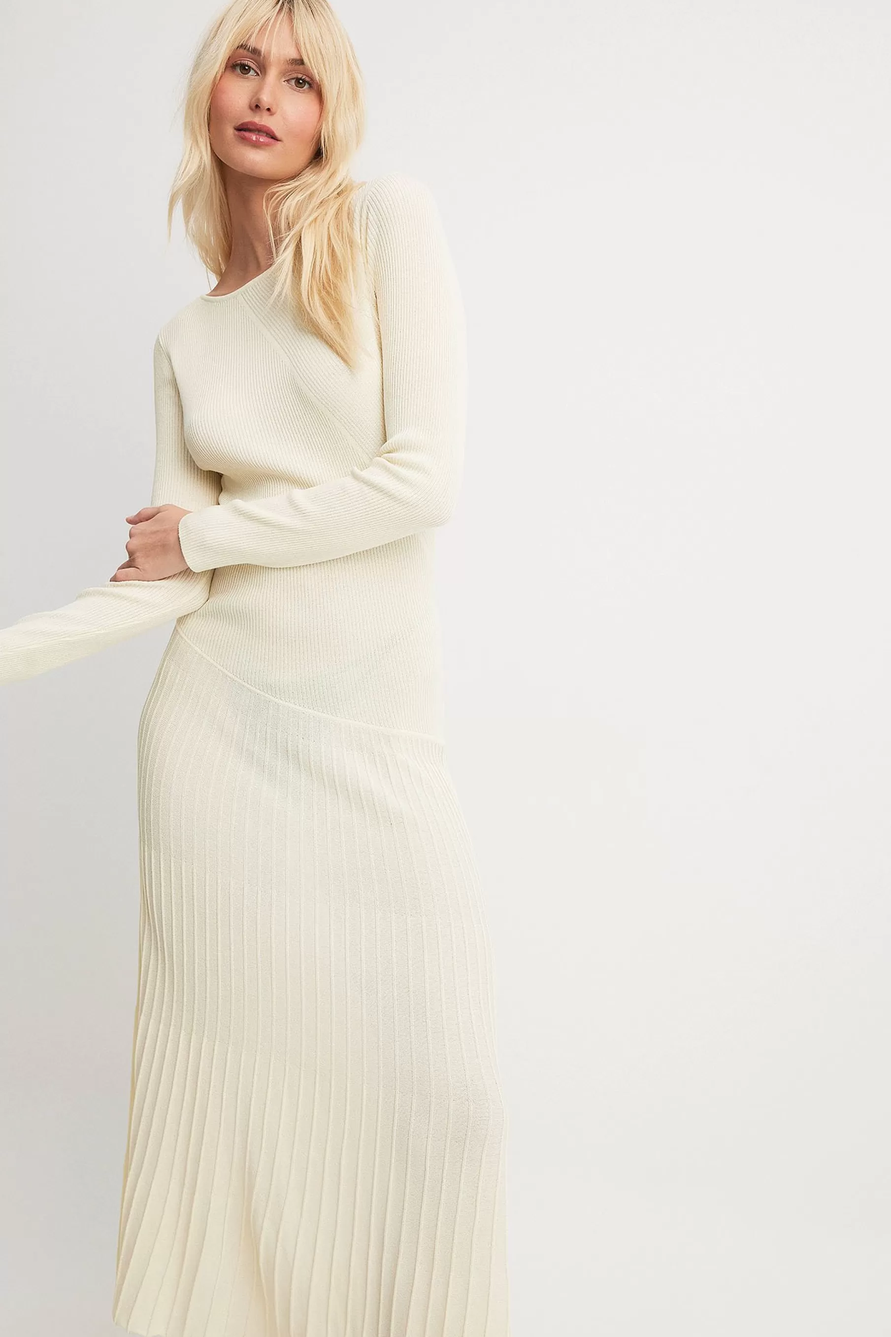 NA-KD Fine Knitted Midi Dress Offwhite