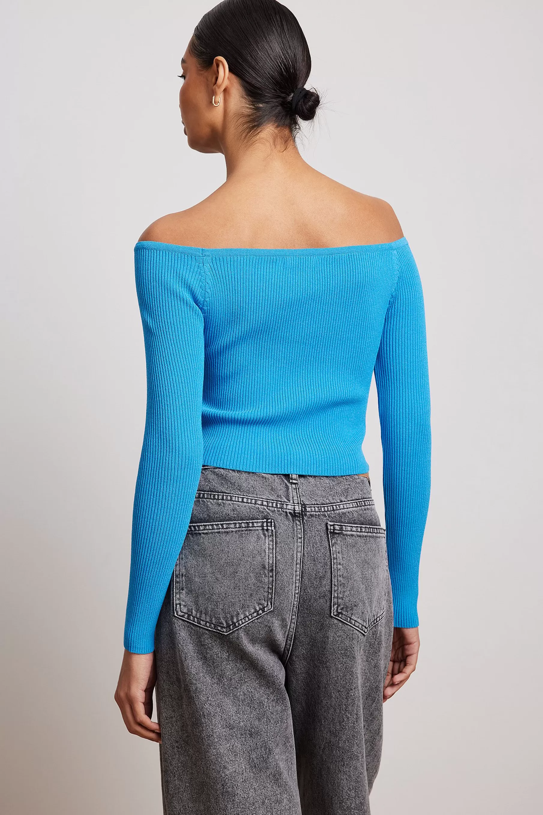 NA-KD Fine Knitted Off Shoulder Top Blue