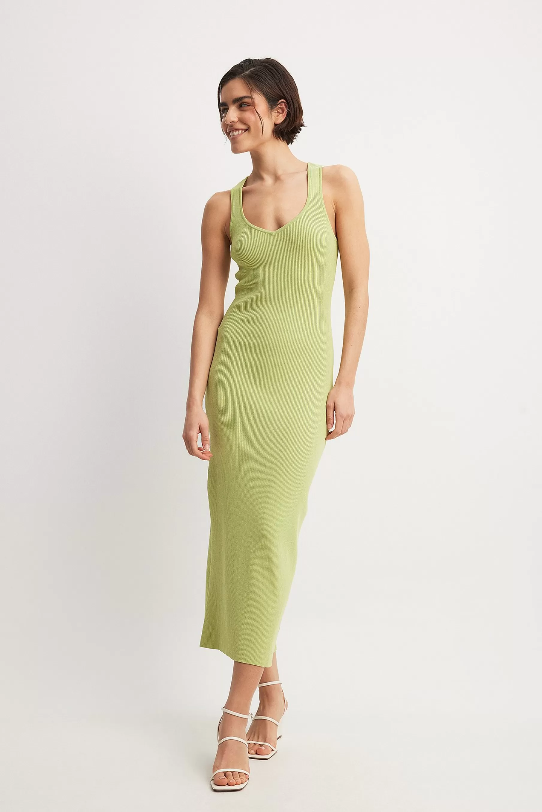 NA-KD Fine Knitted Scoop Neck Midi Dress Green