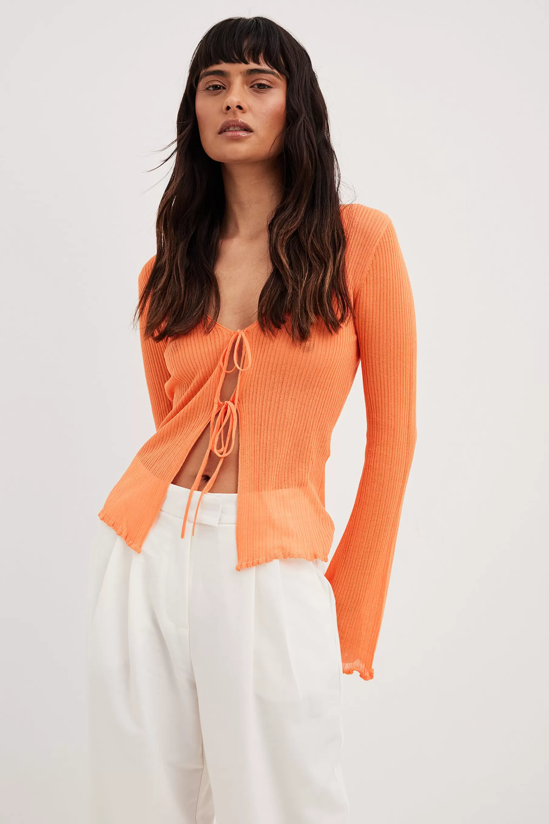 NA-KD Fine Knitted Tie Detailed Cardigan Orange