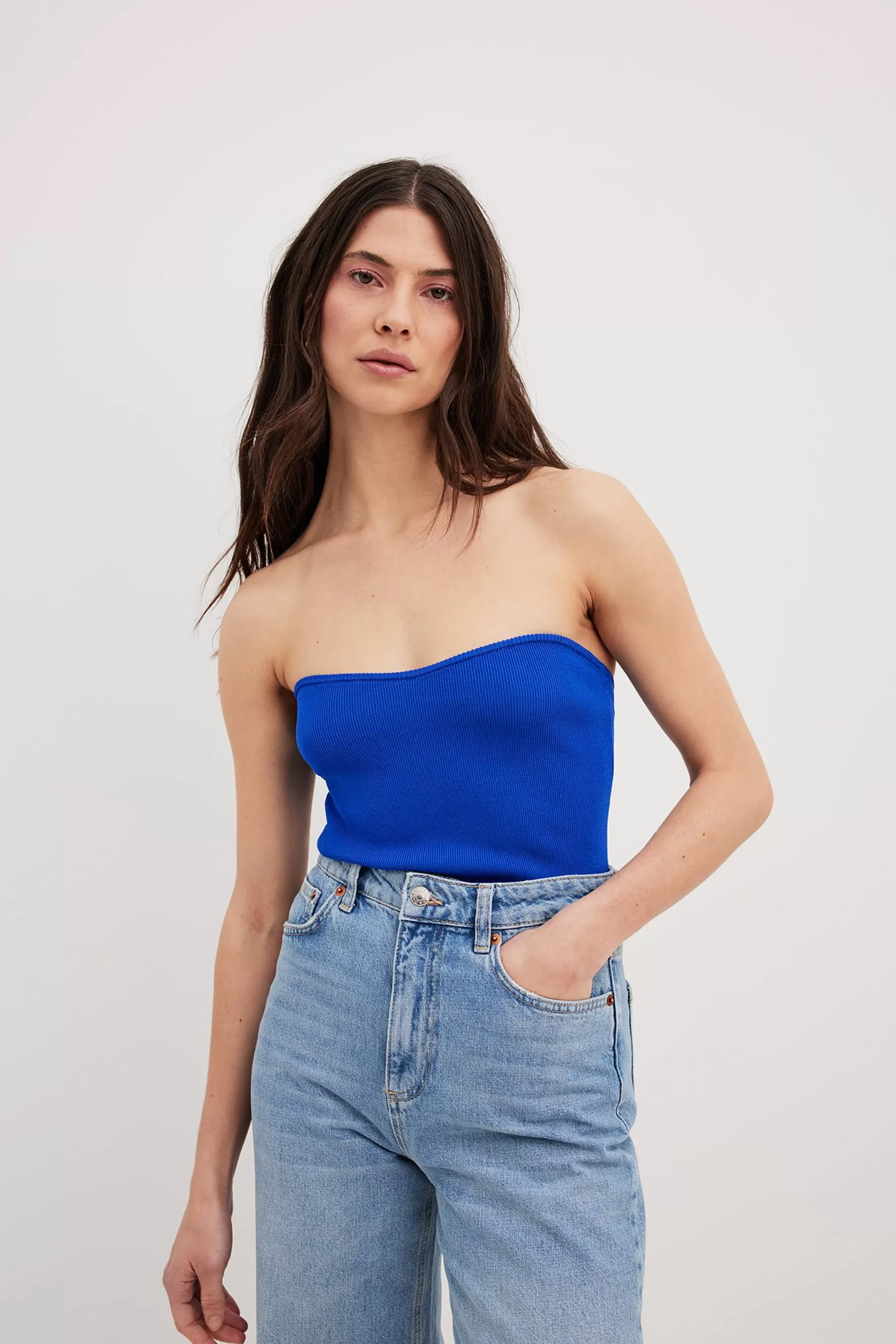 NA-KD Fine Knitted Tube Top Blue