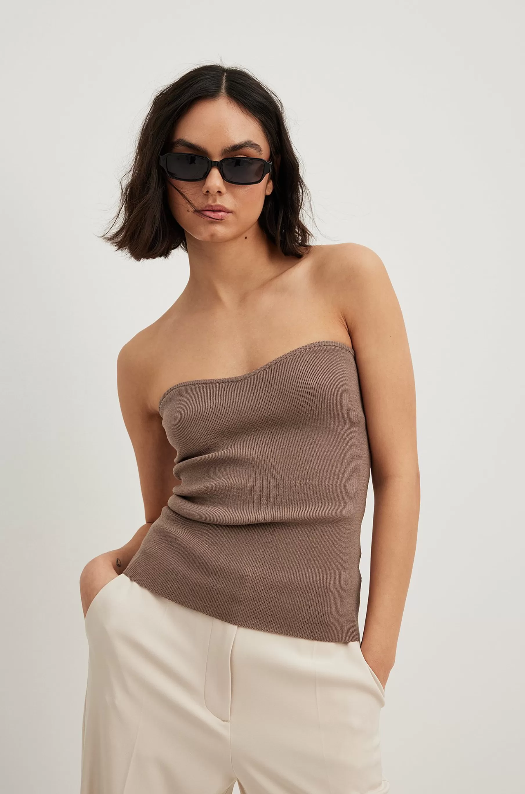 NA-KD Fine Knitted Tube Top Brown