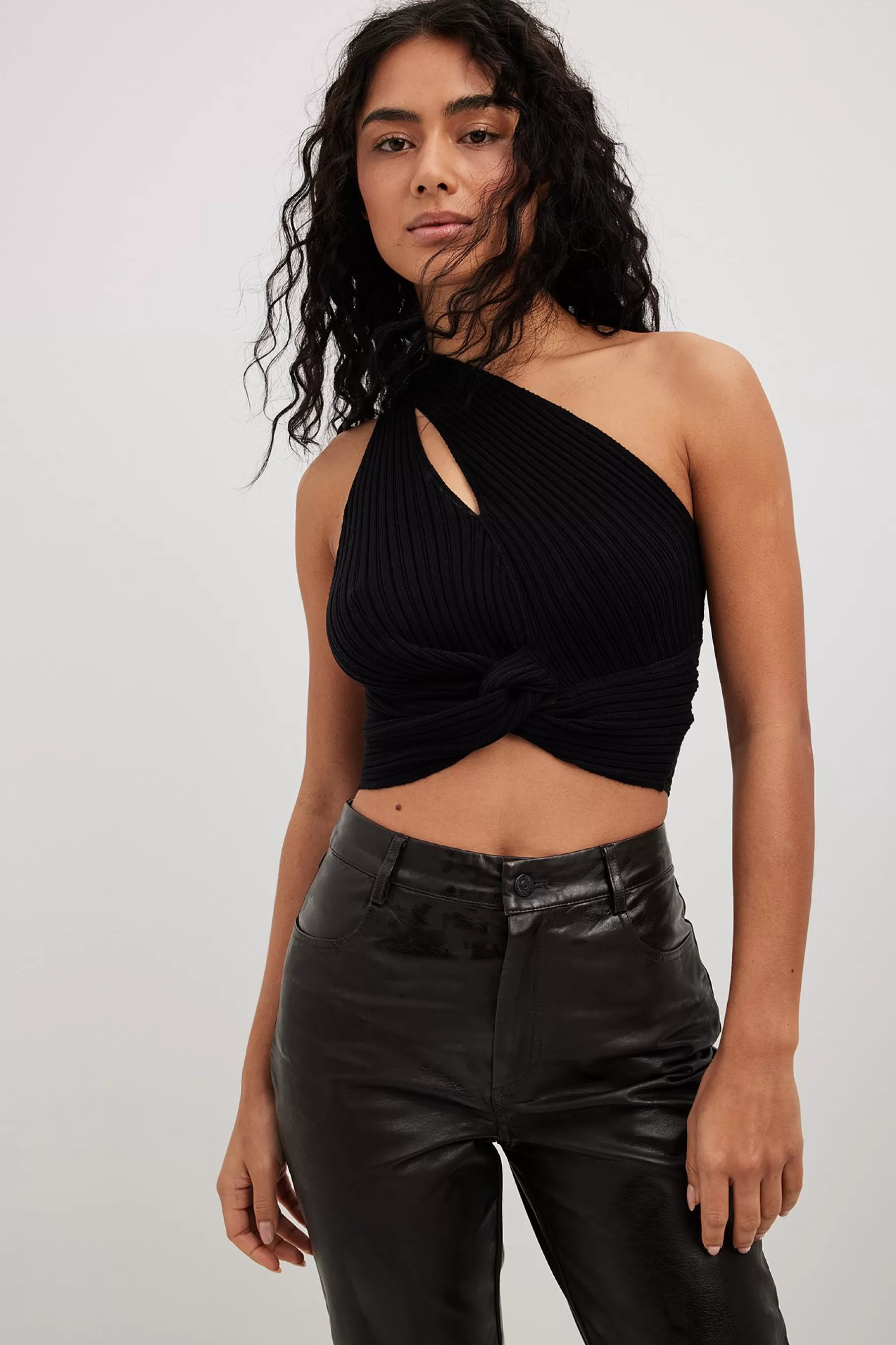 NA-KD Fine Knitted Wrap Detail Top Black