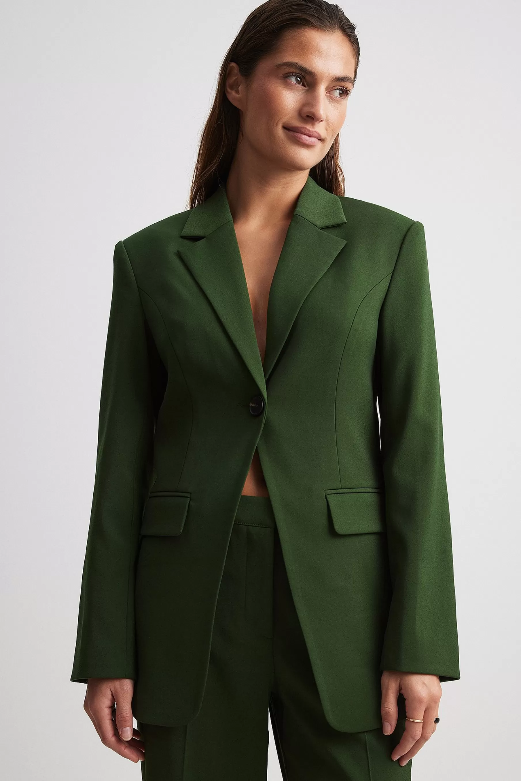 NA-KD Fitted One Button Blazer Green