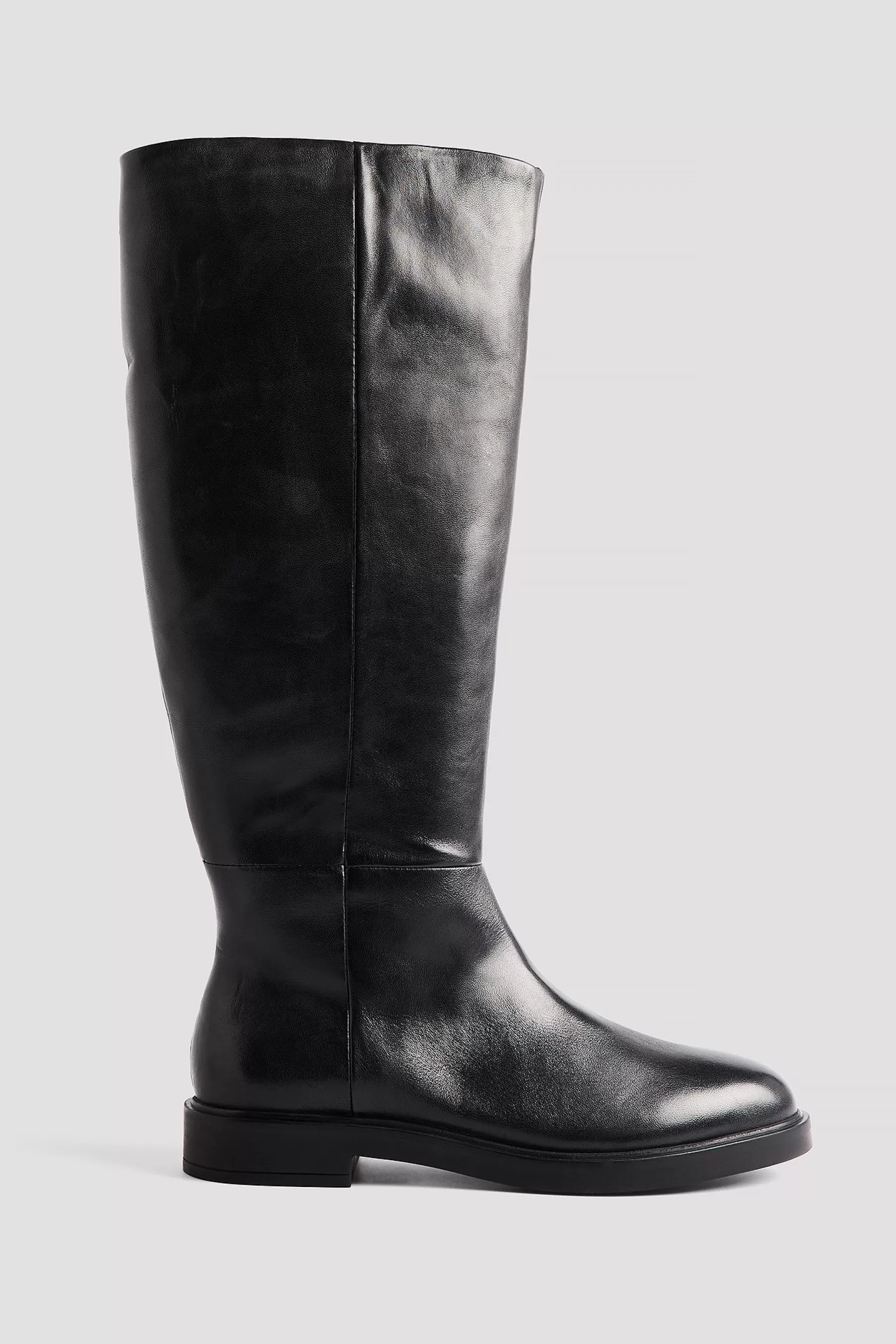 NA-KD Flat Knee High Leather Boots Black