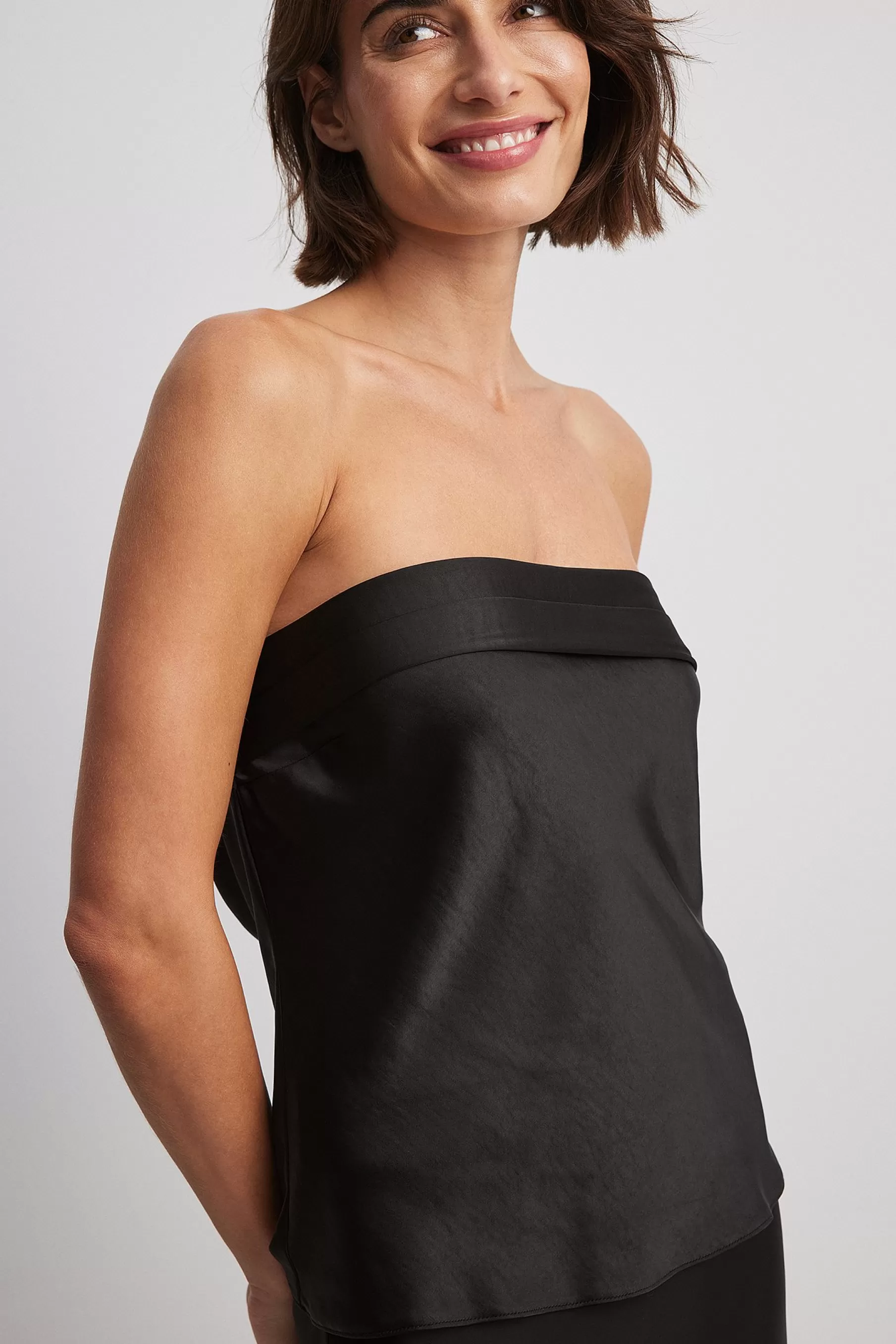 NA-KD Fold Detail Satin Bandeau Top Black