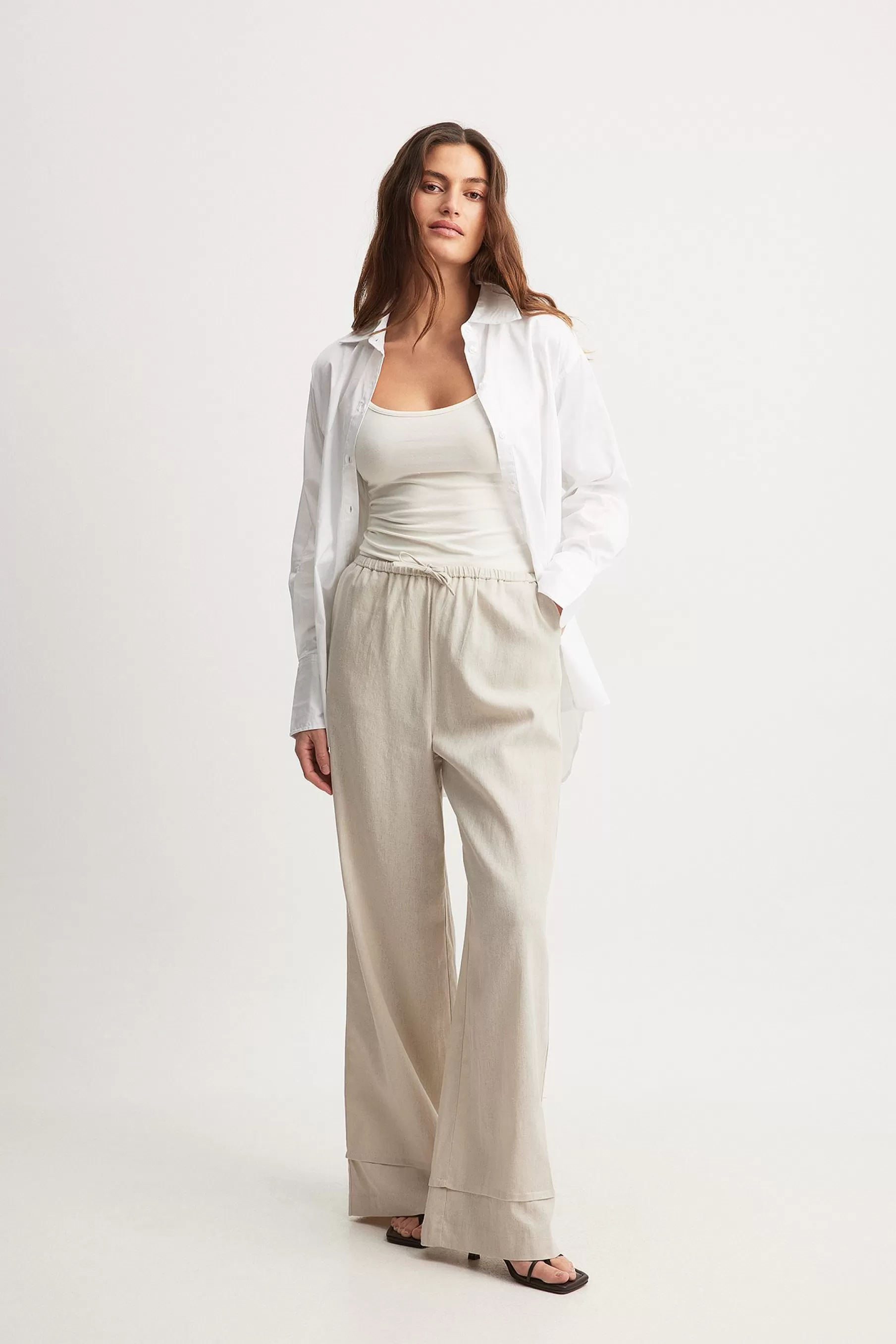 NA-KD Fold Up Drawstring Linen Trousers Beige