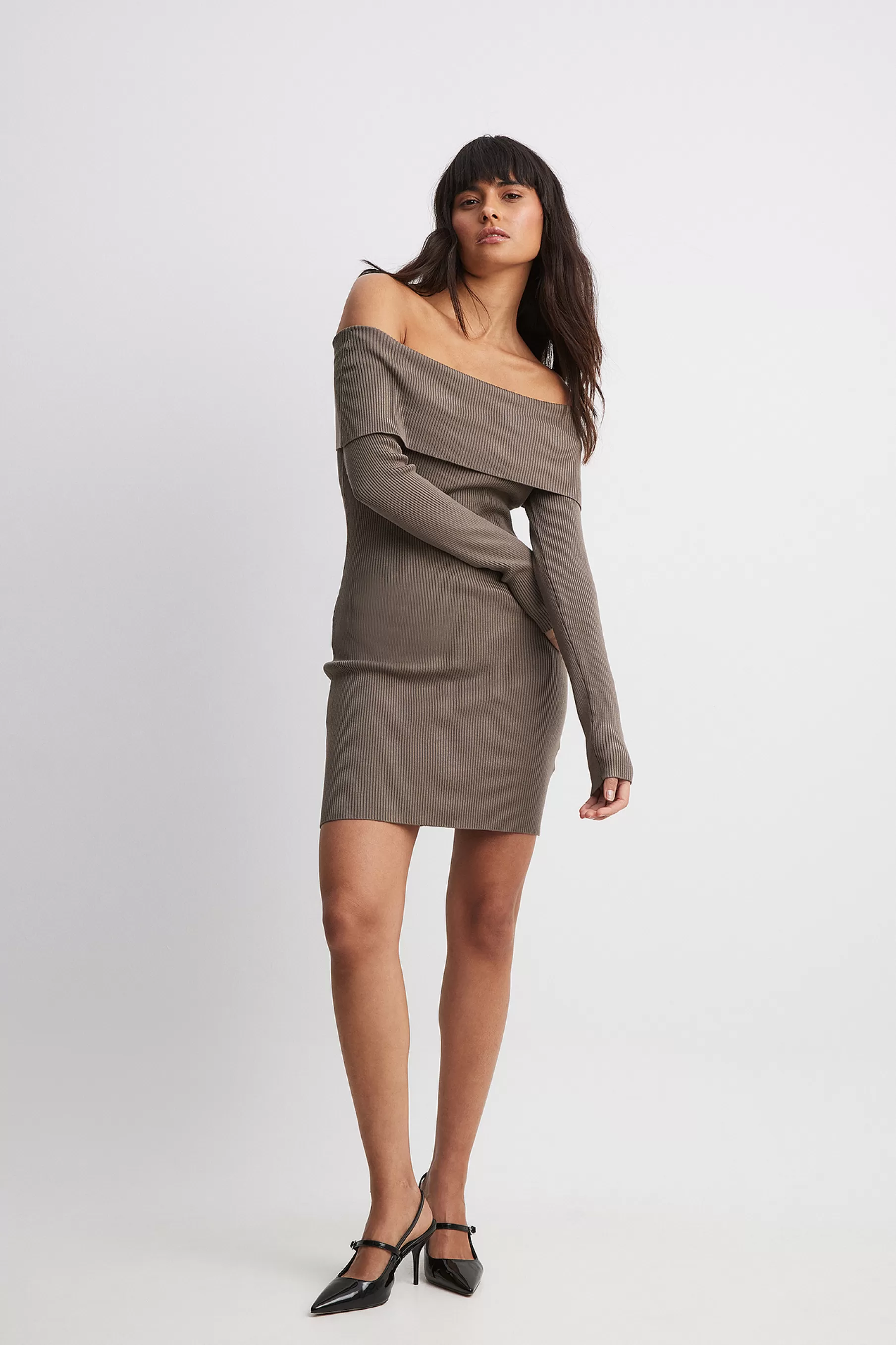 NA-KD Folded Offshoulder Knitted Mini Dress Brown