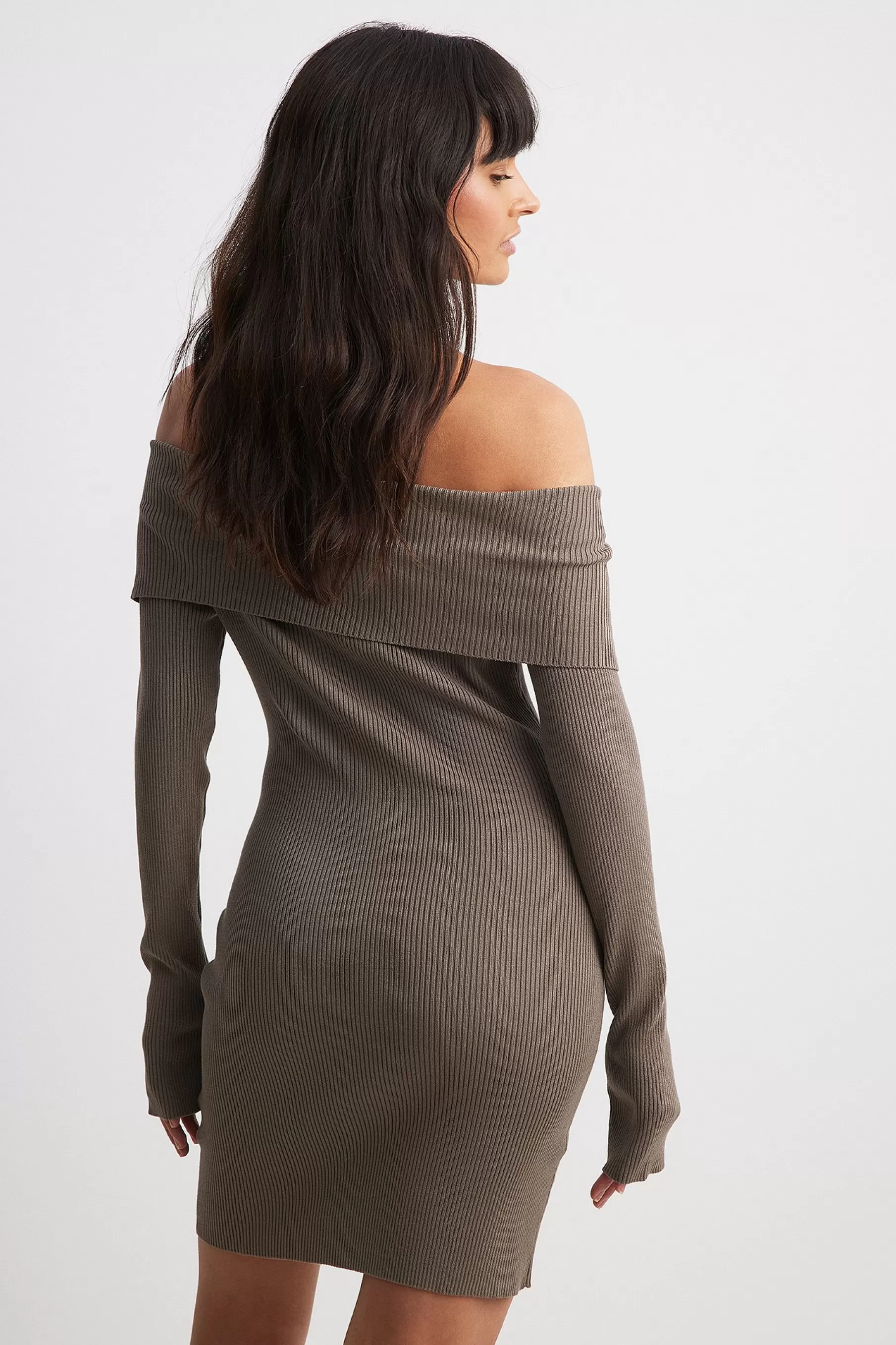 NA-KD Folded Offshoulder Knitted Mini Dress Brown