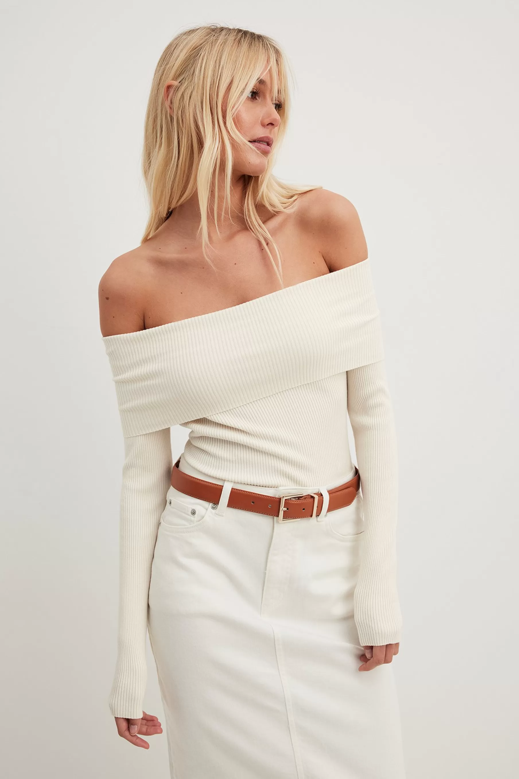 NA-KD Folded Offshoulder Knitted Top Offwhite