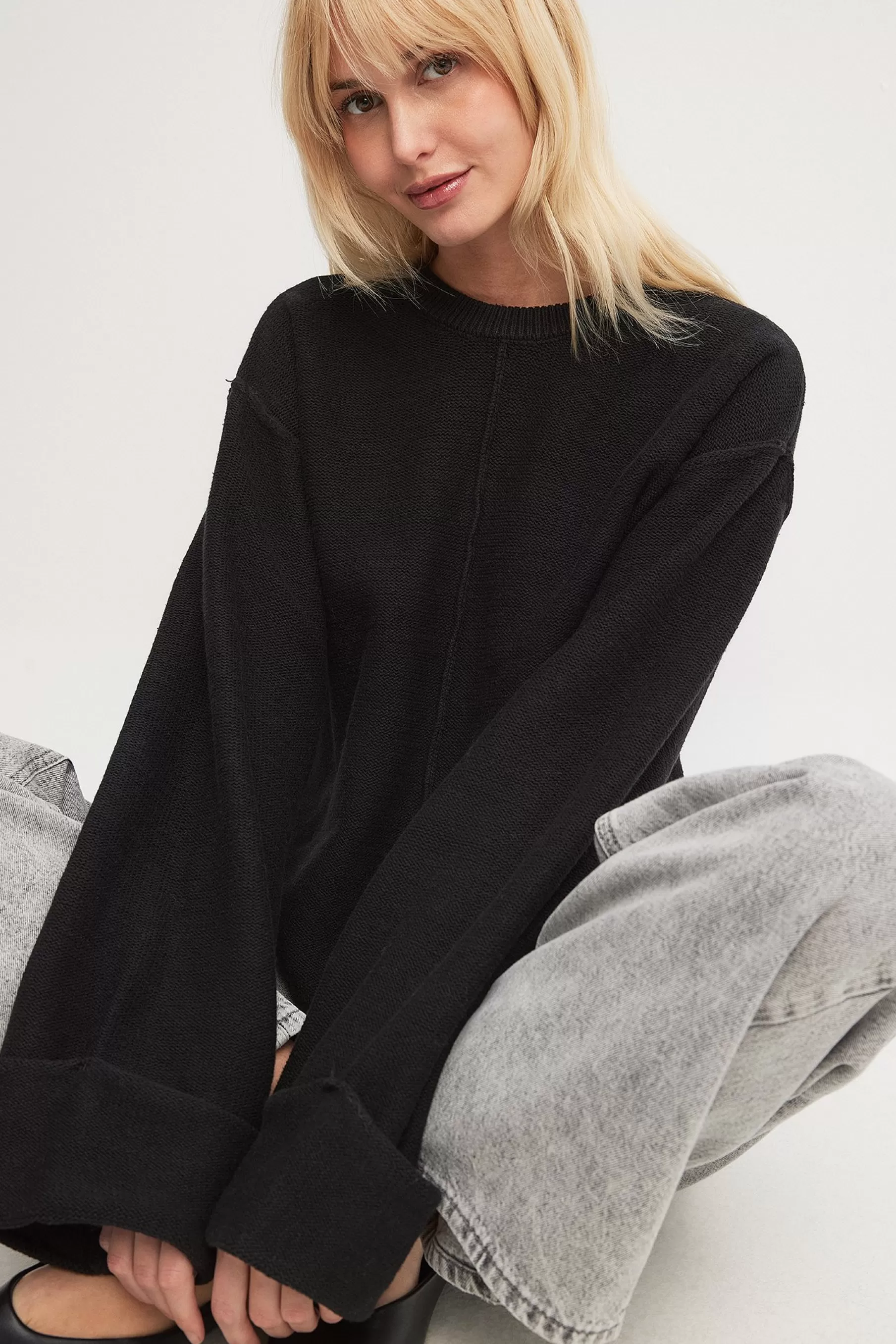 NA-KD Folded Sleeve Knitted Sweater Black