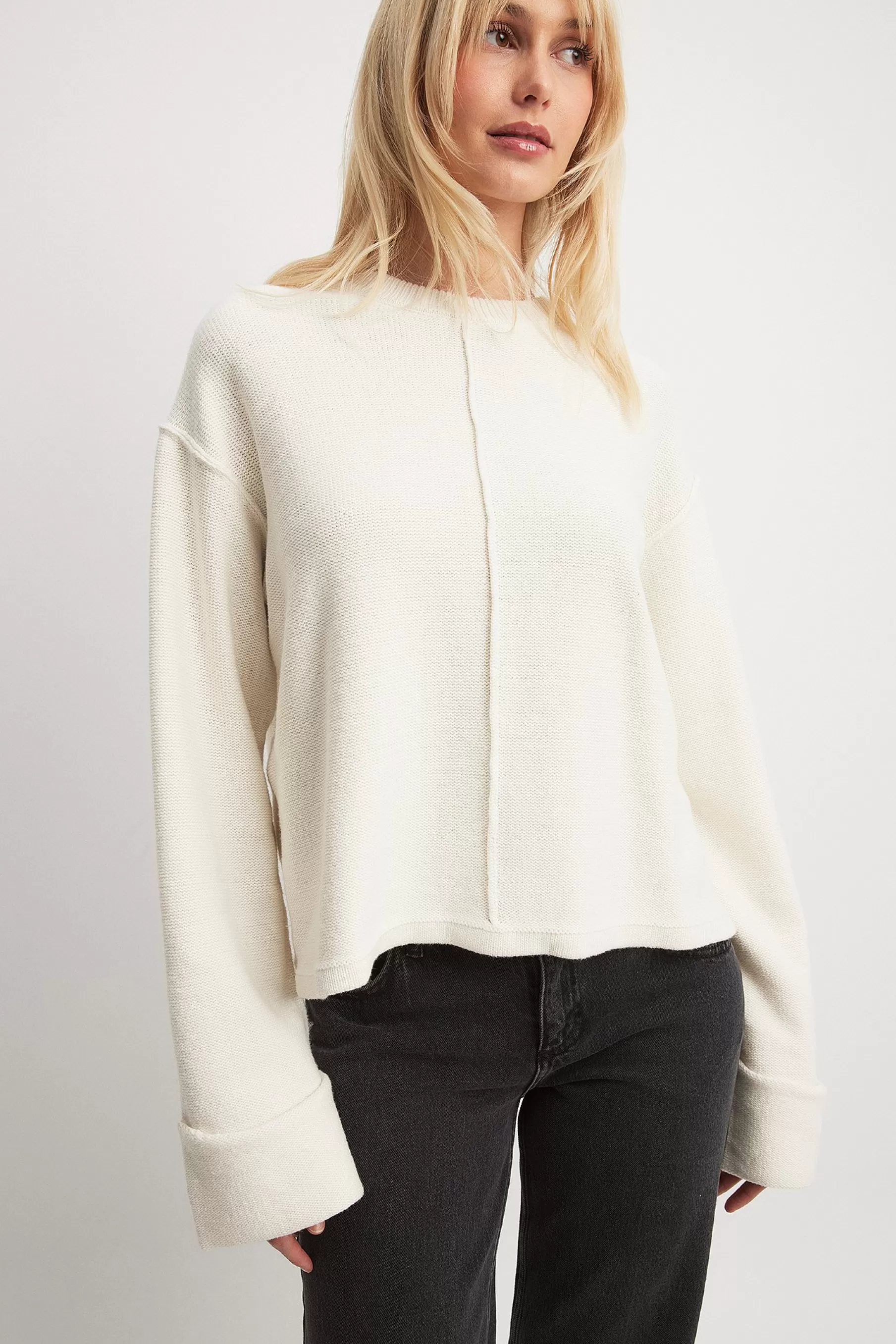 NA-KD Folded Sleeve Knitted Sweater Offwhite