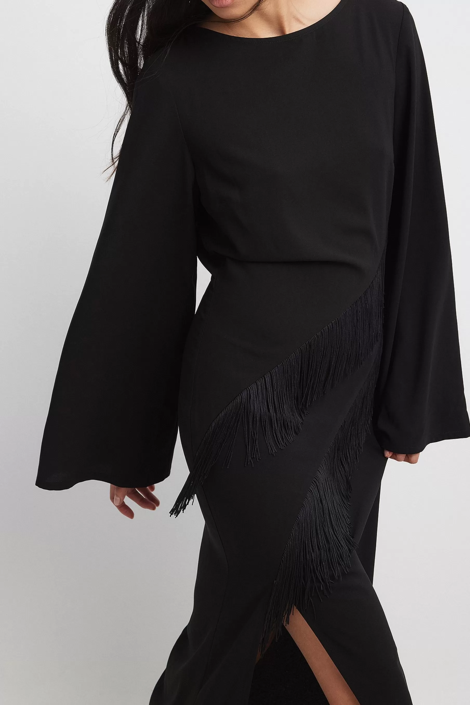 NA-KD Fringe Detail Open Back Maxi Dress Black