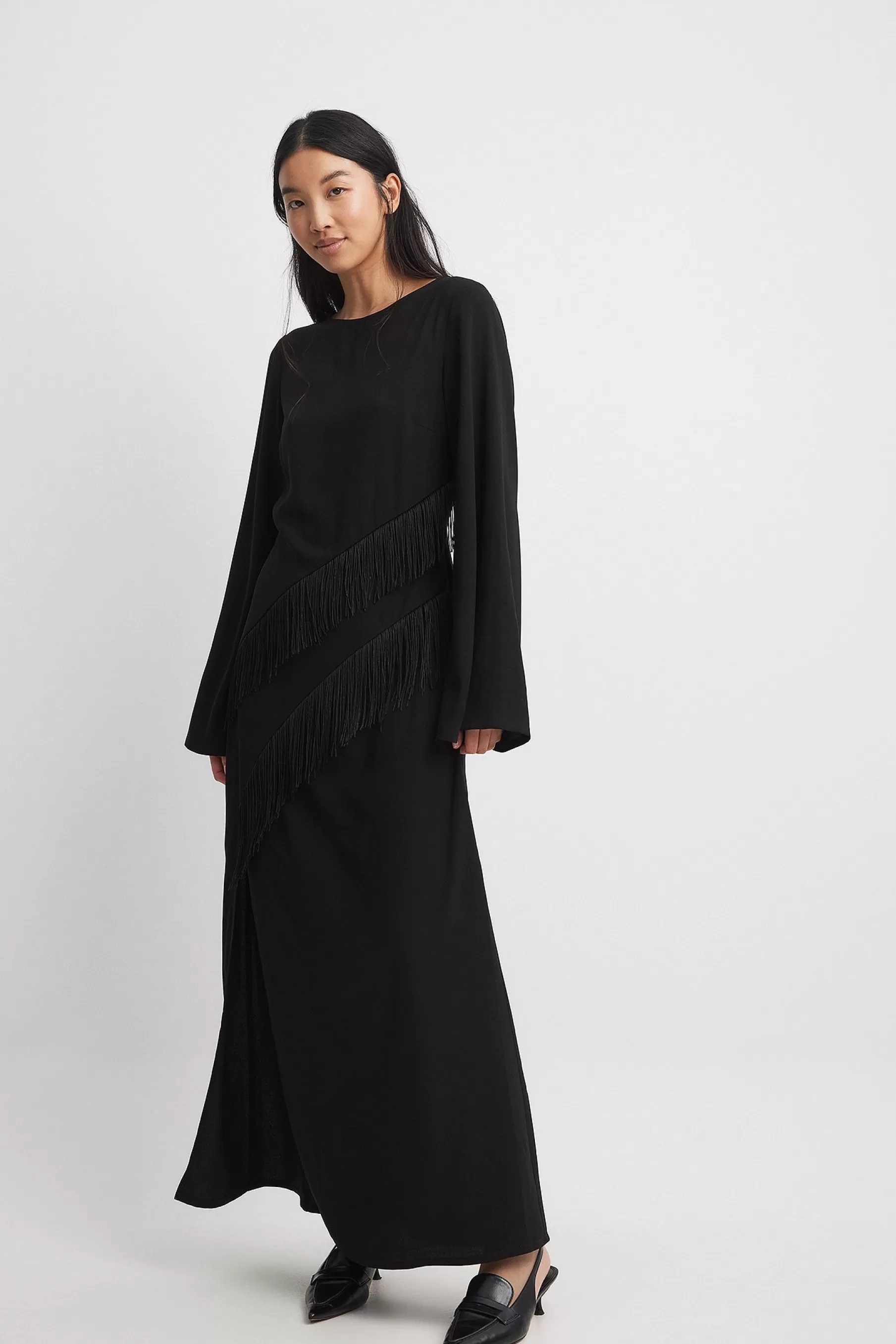 NA-KD Fringe Detail Open Back Maxi Dress Black