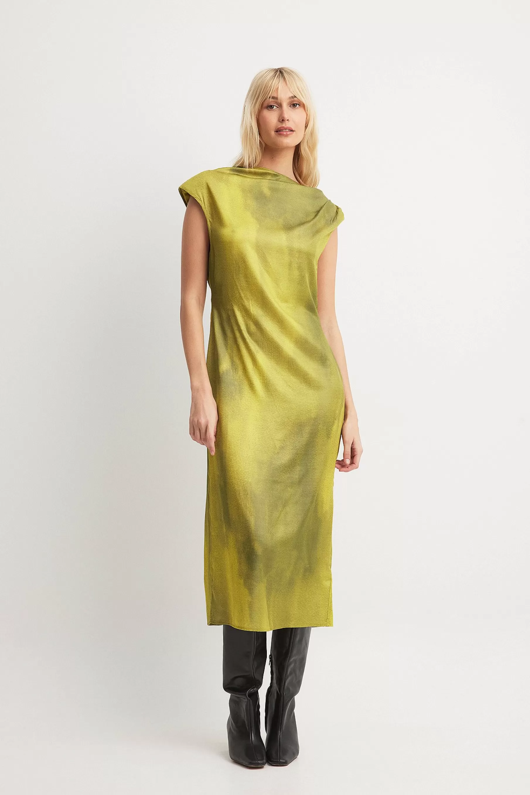 NA-KD Funnel Neck Open Back Midi Dress Green