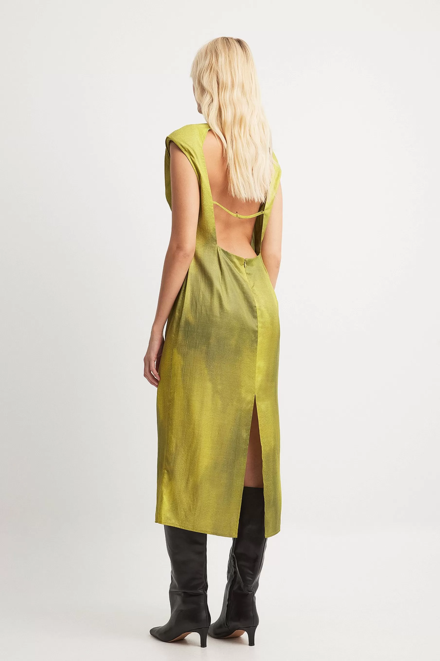 NA-KD Funnel Neck Open Back Midi Dress Green