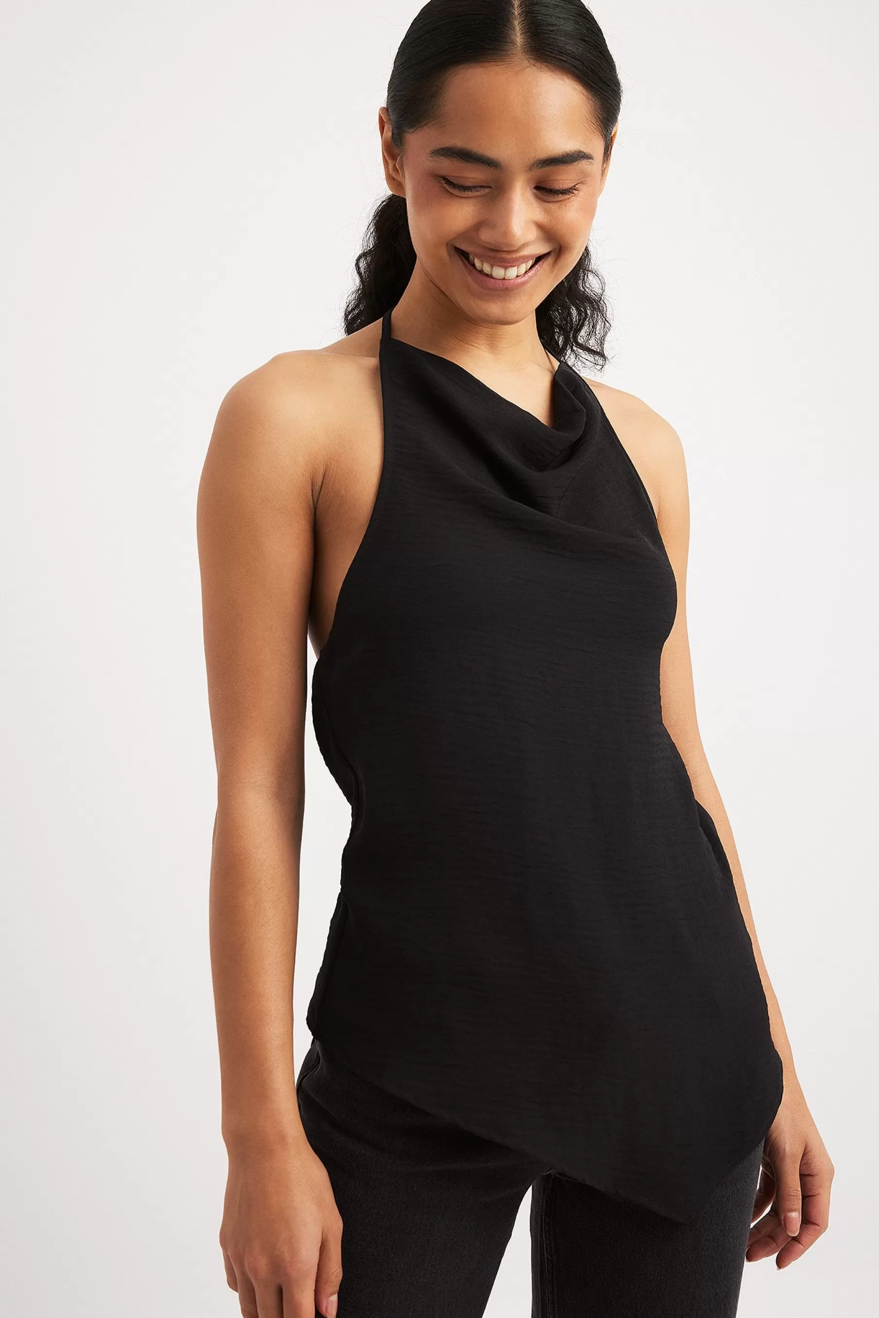 NA-KD Funnel Neck Open Back Top Black