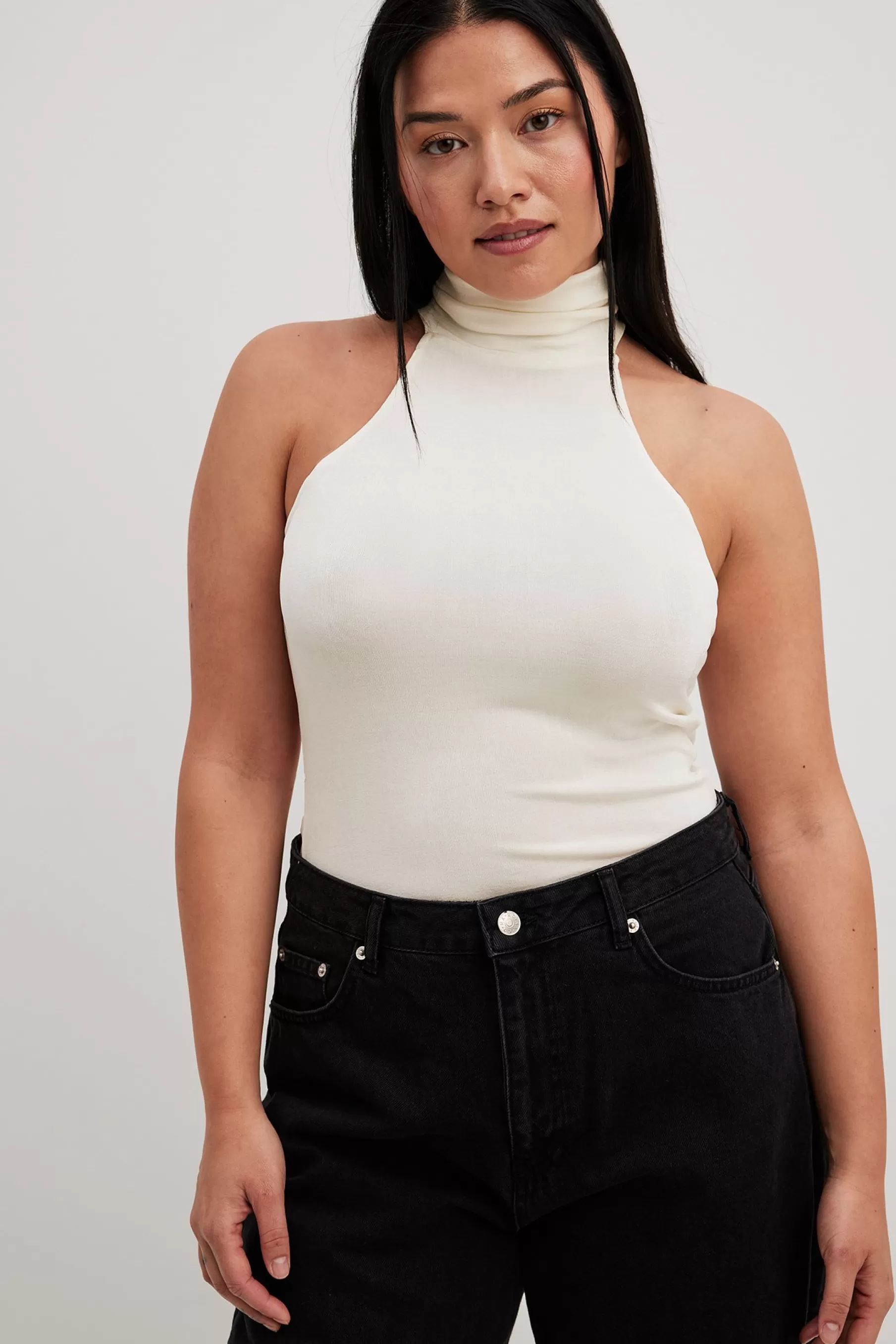 NA-KD Funnel Neck Shiny Top Offwhite