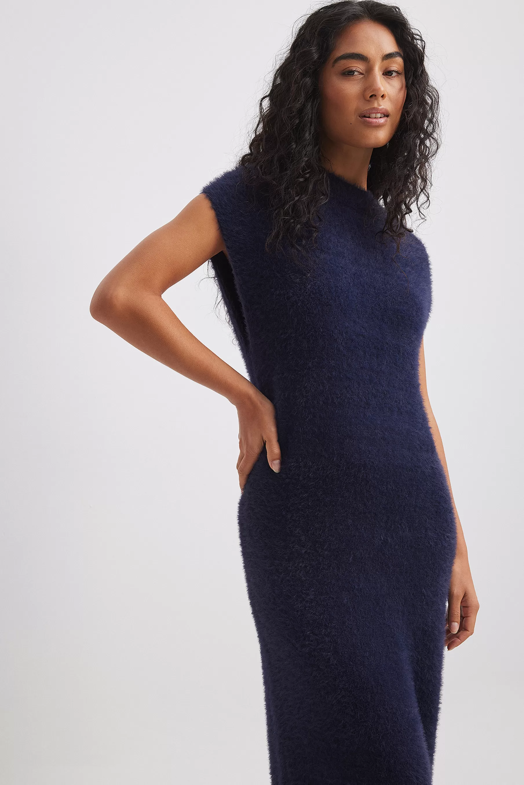 NA-KD Fuzzy Knit Maxi Dress Blue