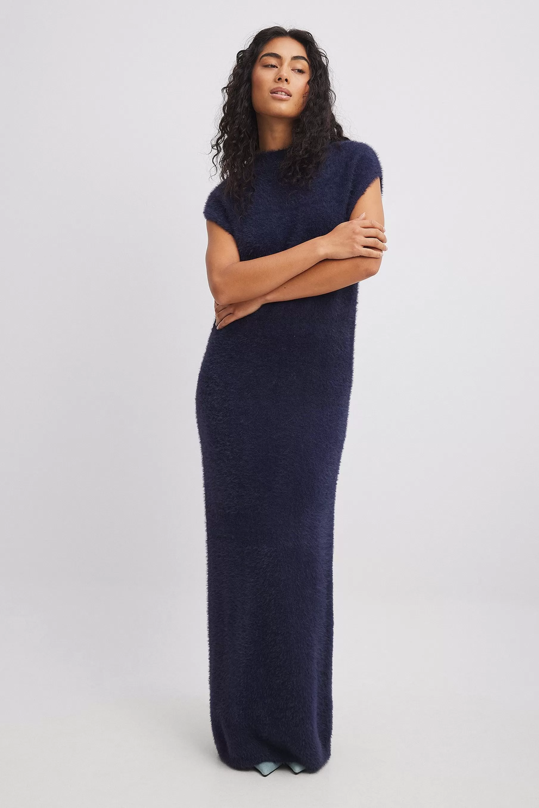 NA-KD Fuzzy Knit Maxi Dress Blue