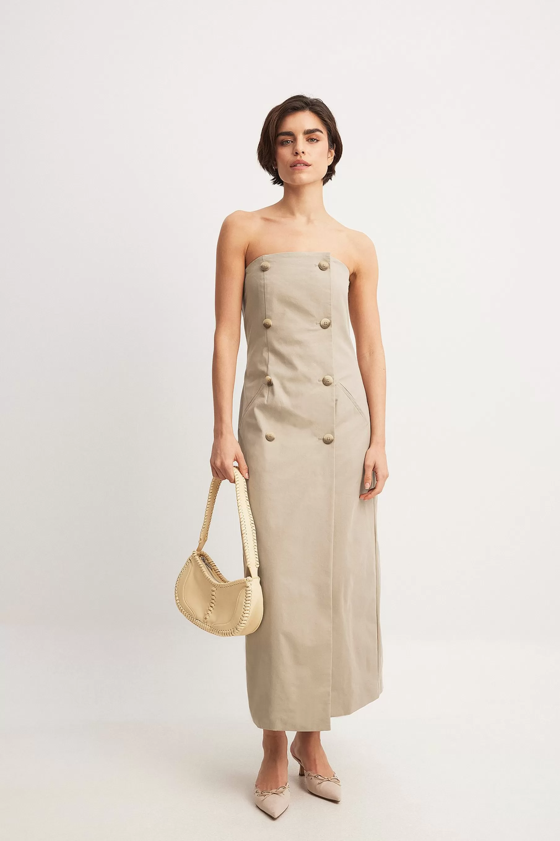 NA-KD Gabardine Strapless Buttoned Maxi Dress Beige