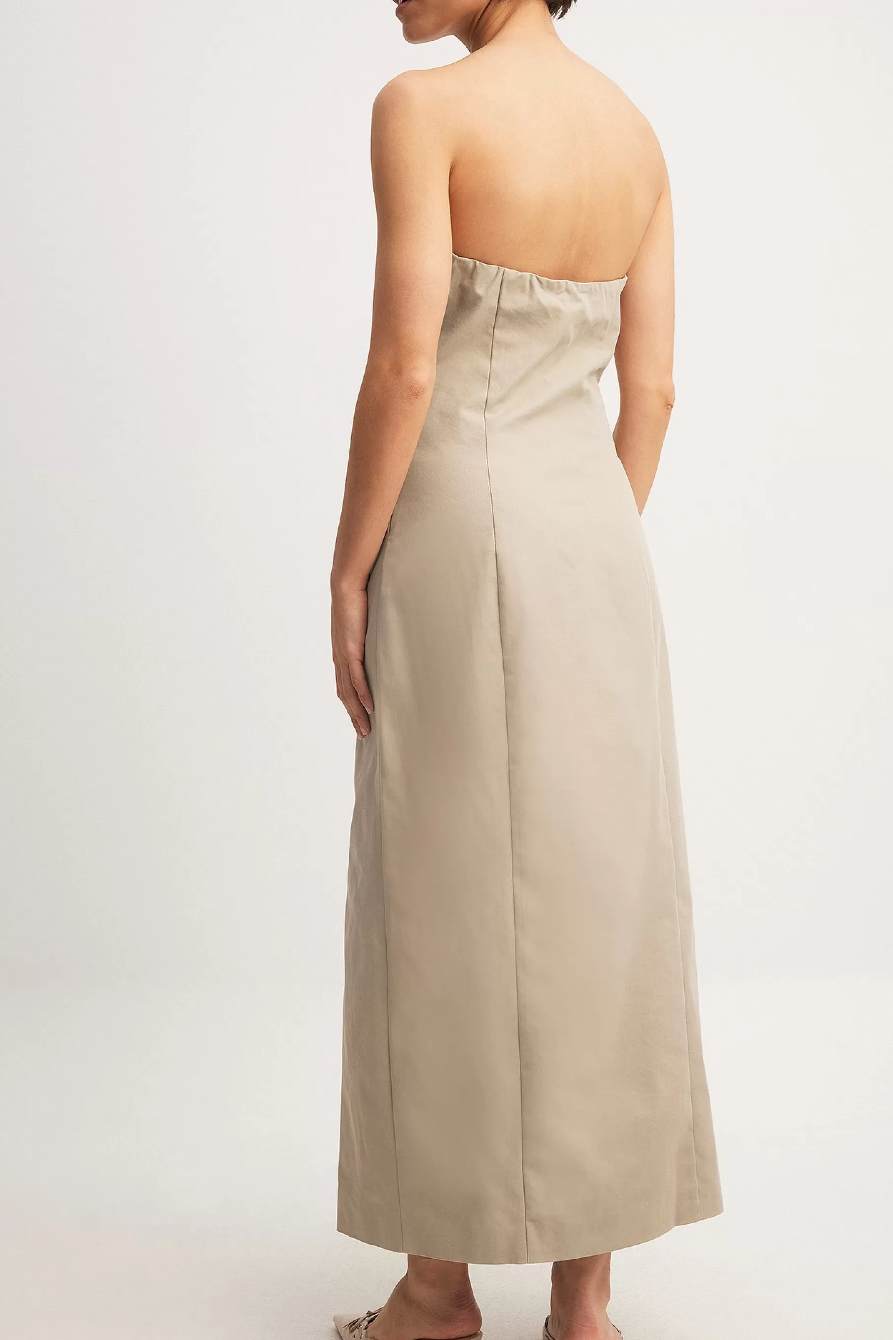 NA-KD Gabardine Strapless Buttoned Maxi Dress Beige