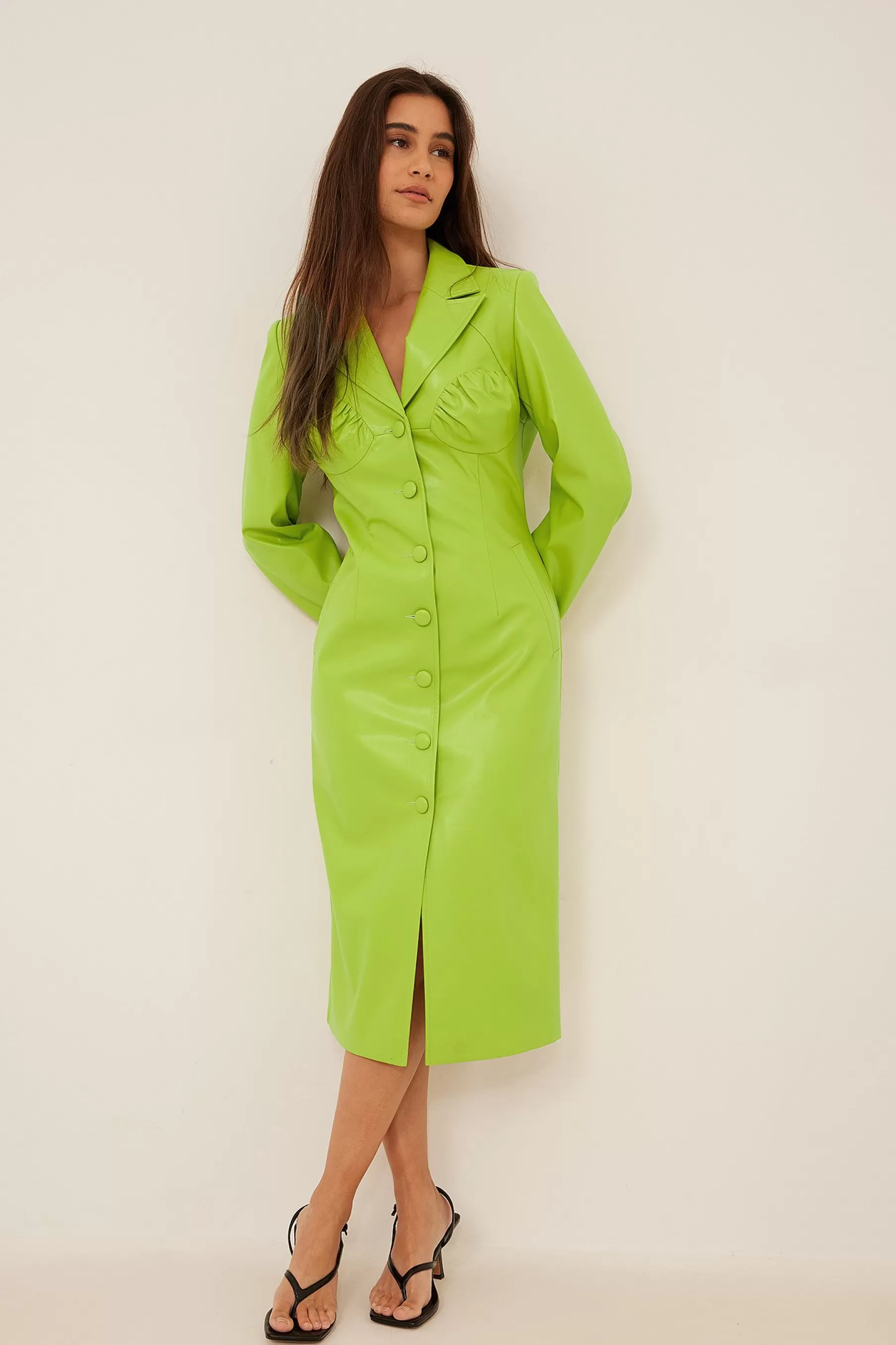 NA-KD Gathered Chest PU Midi Dress Green