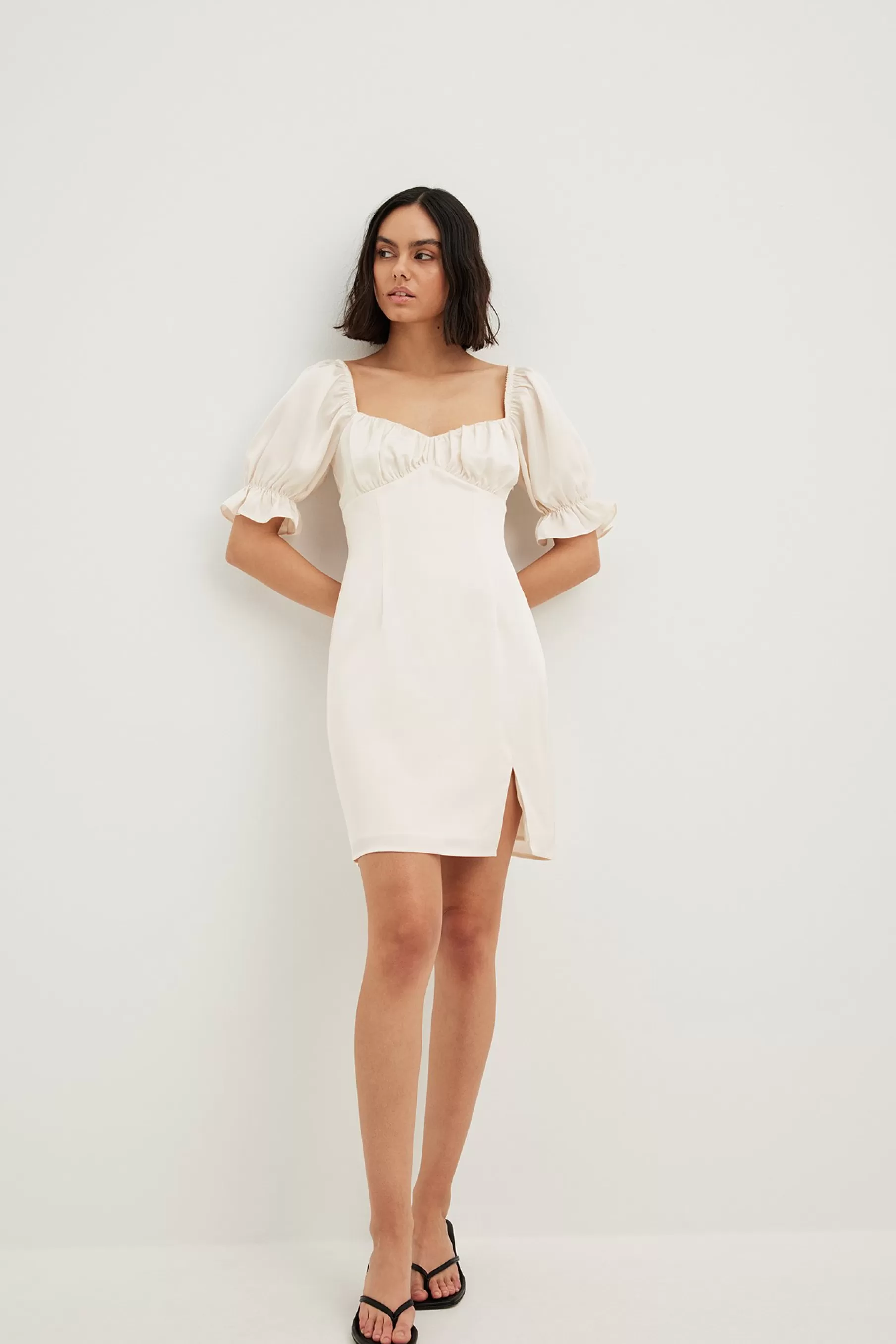 NA-KD Gathered Chest Slit Mini Dress Offwhite