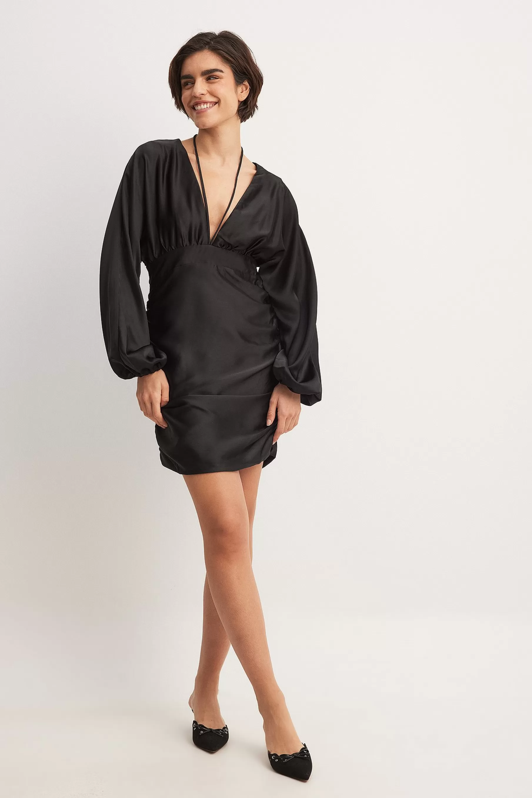 NA-KD Gathered Satin Straps Mini Dress Black