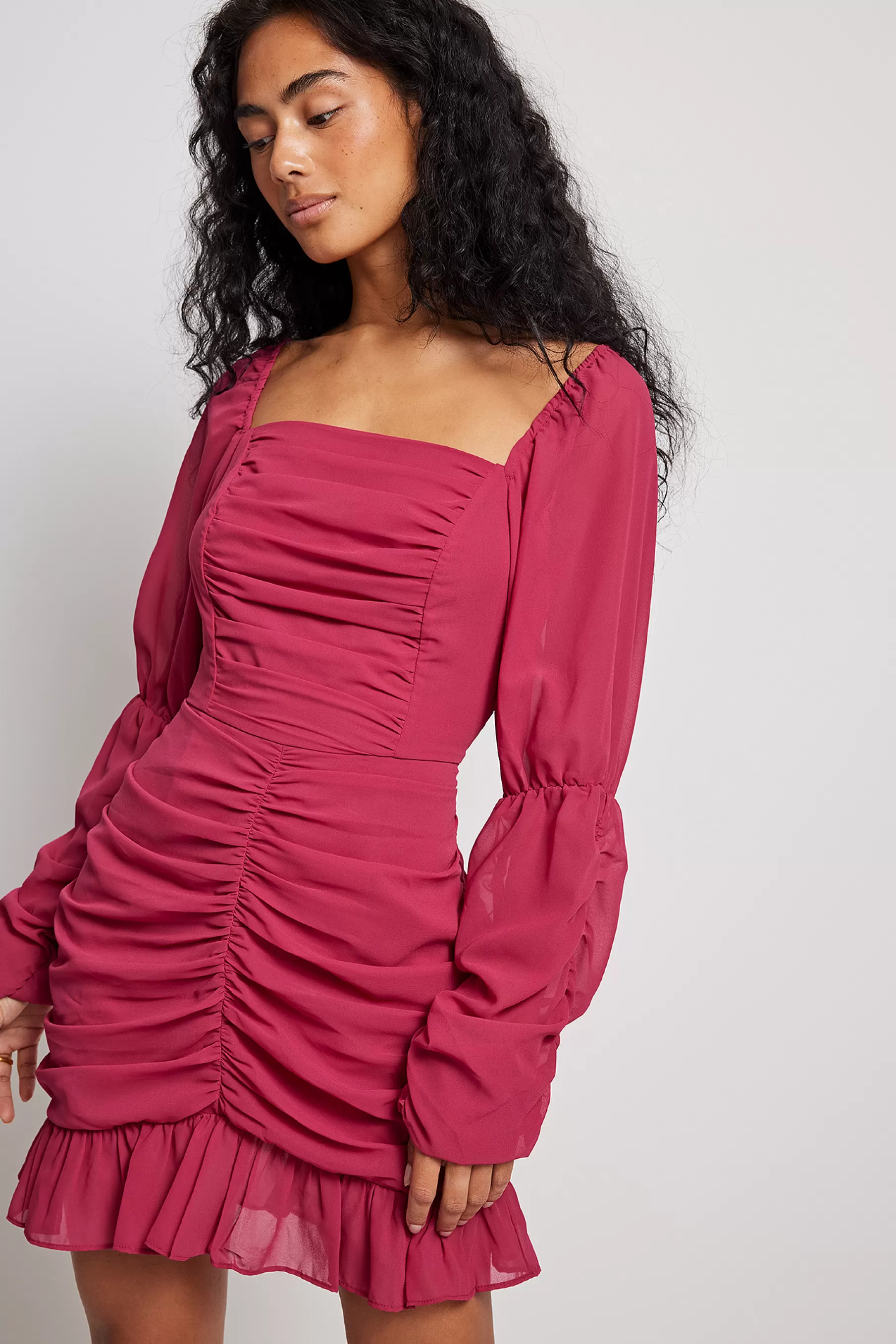 NA-KD Gathered Sheer Mini Dress Pink