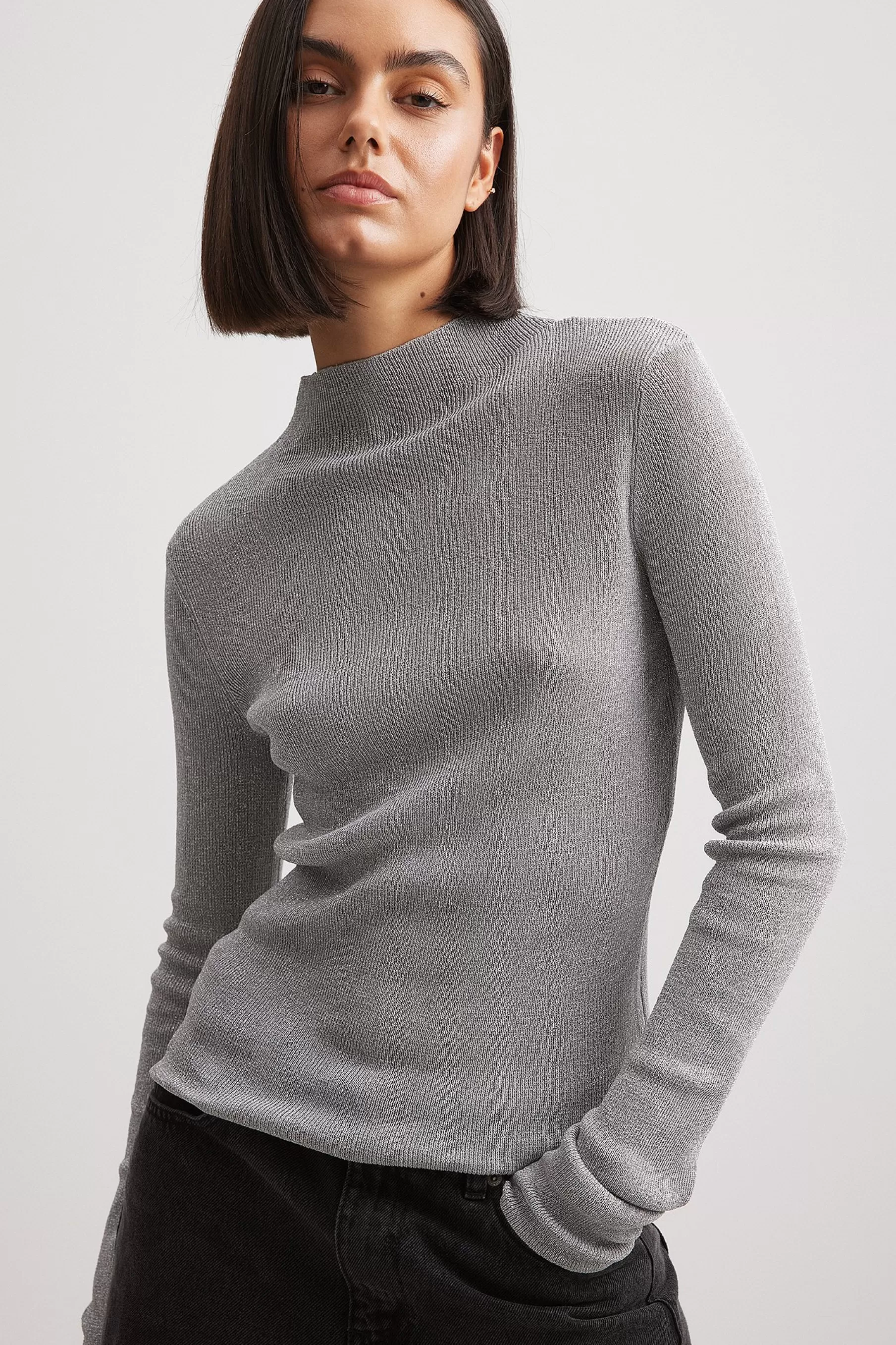 NA-KD Glitter Knitted High Neck Top Silver