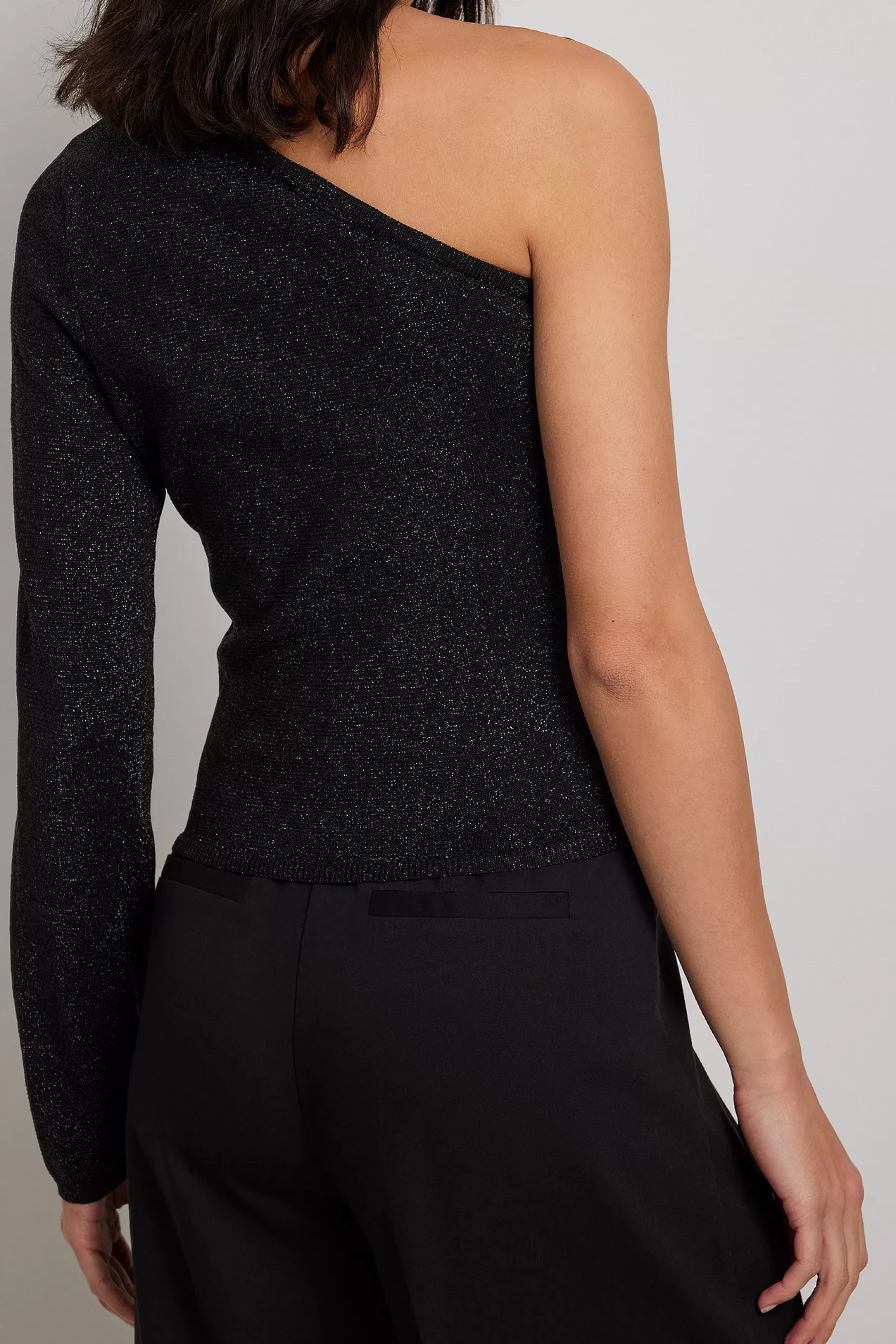 NA-KD Glitter Knitted One Shoulder Top Black