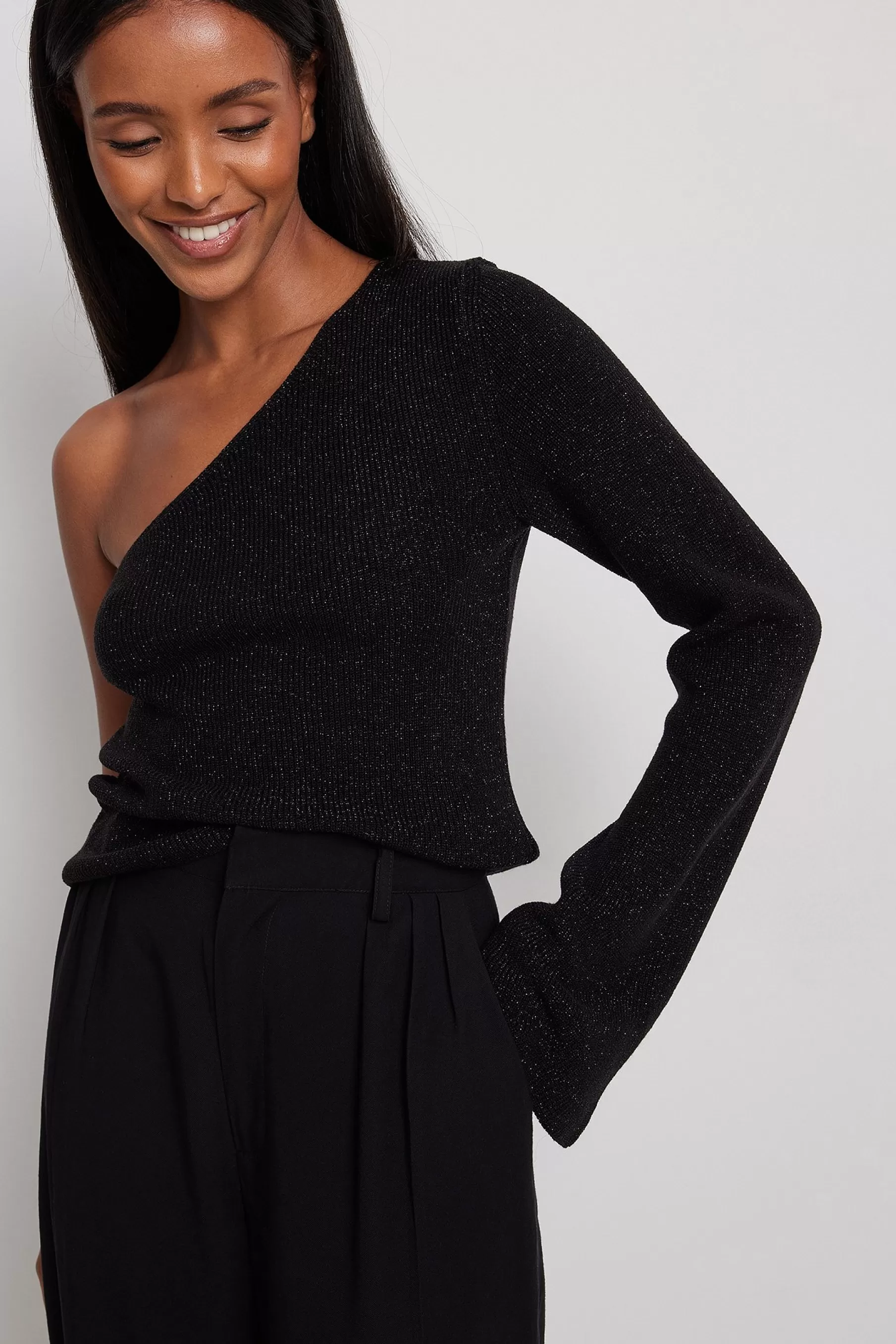 NA-KD Glitter Knitted One Shoulder Top Black