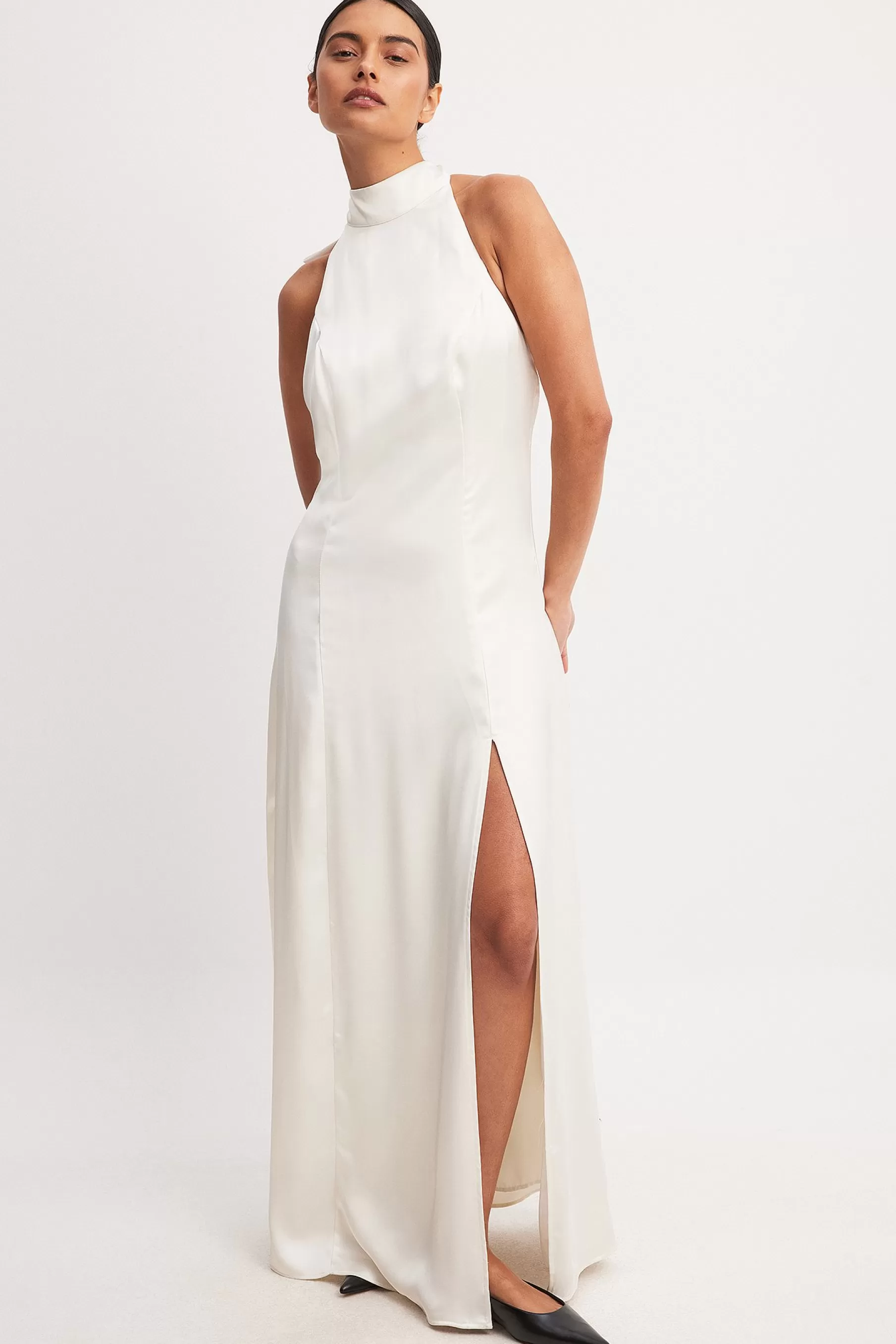 NA-KD Halterneck Bow Detail Maxi Dress White