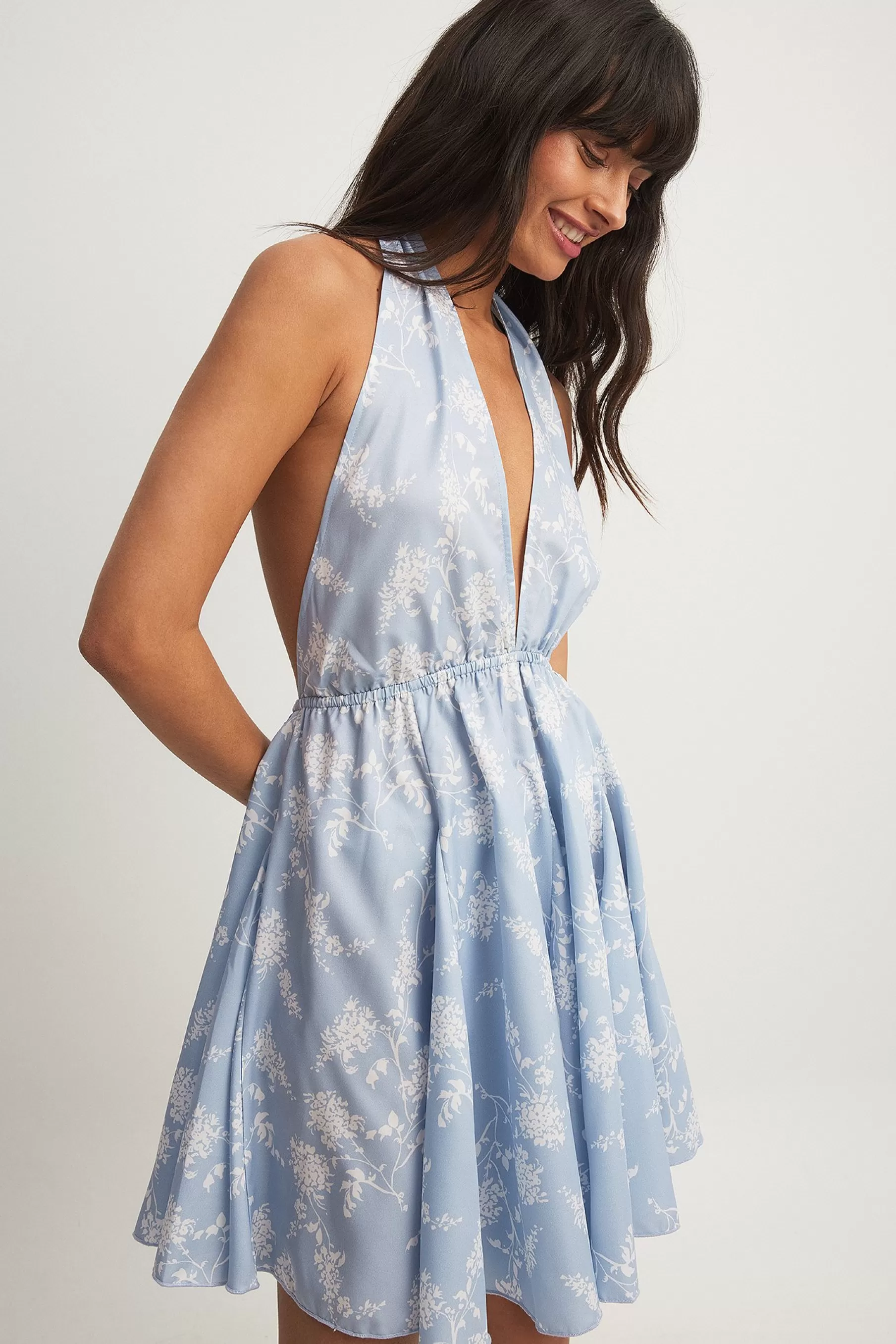 NA-KD Halterneck Panelled Mini Dress Blue