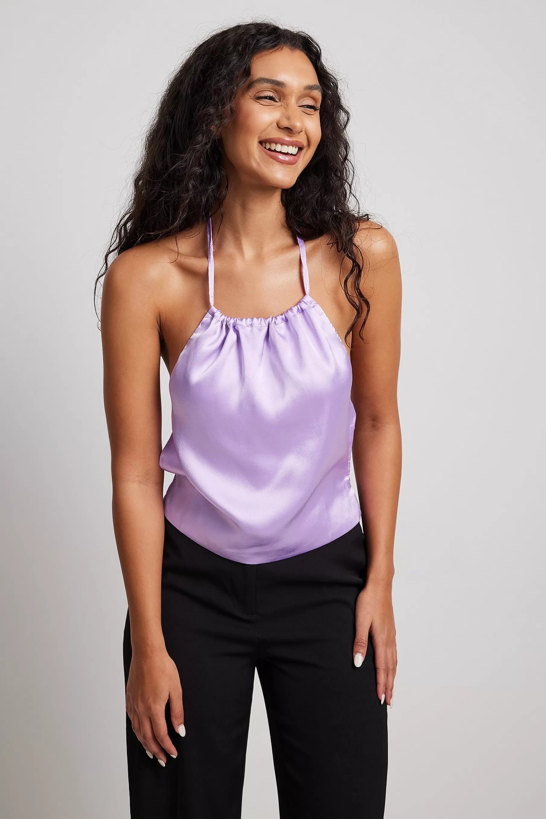 NA-KD Halterneck Tie Back Satin Crop Top Purple