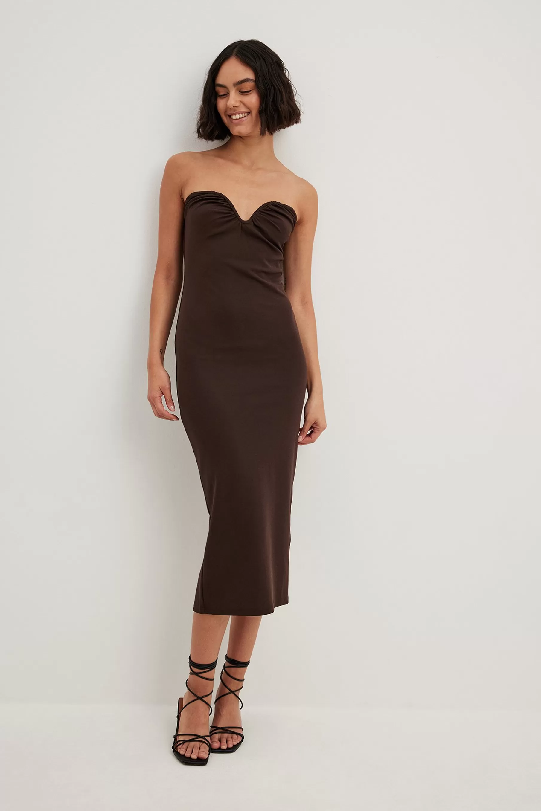 NA-KD Heart Neckline Midi Dress Brown