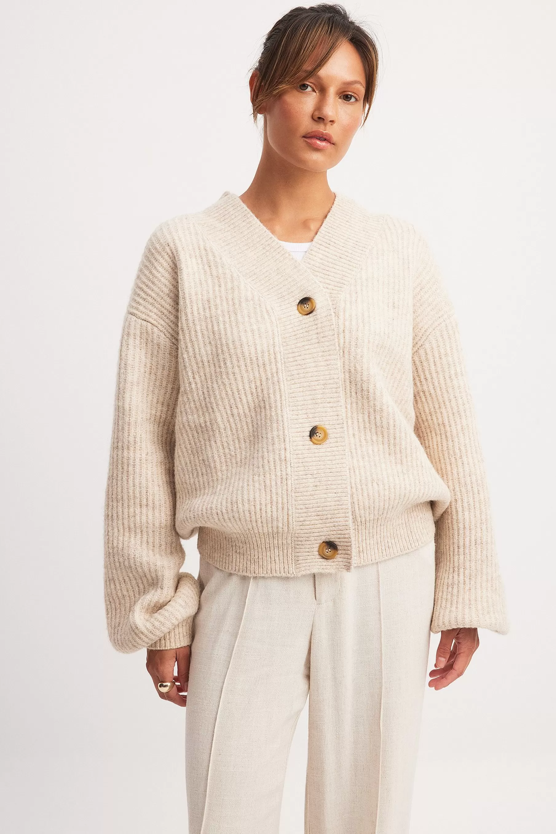 NA-KD Heavy Rib Knitted Cardigan Beige