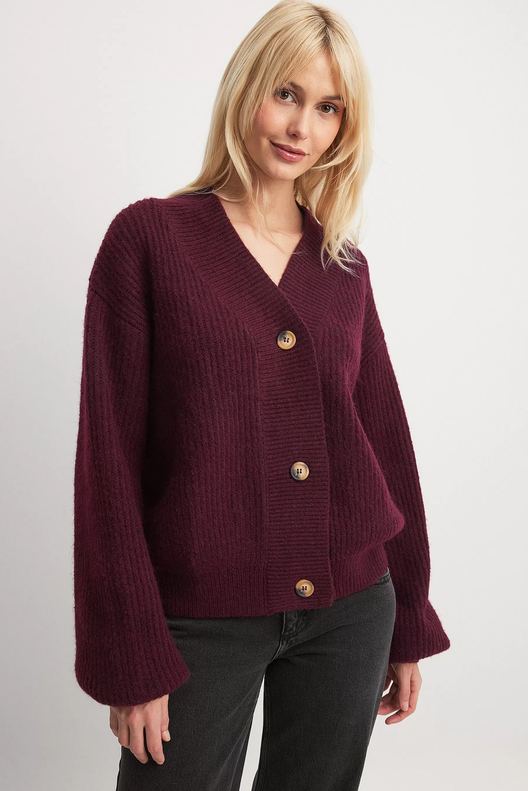 NA-KD Heavy Rib Knitted Cardigan Burgundy