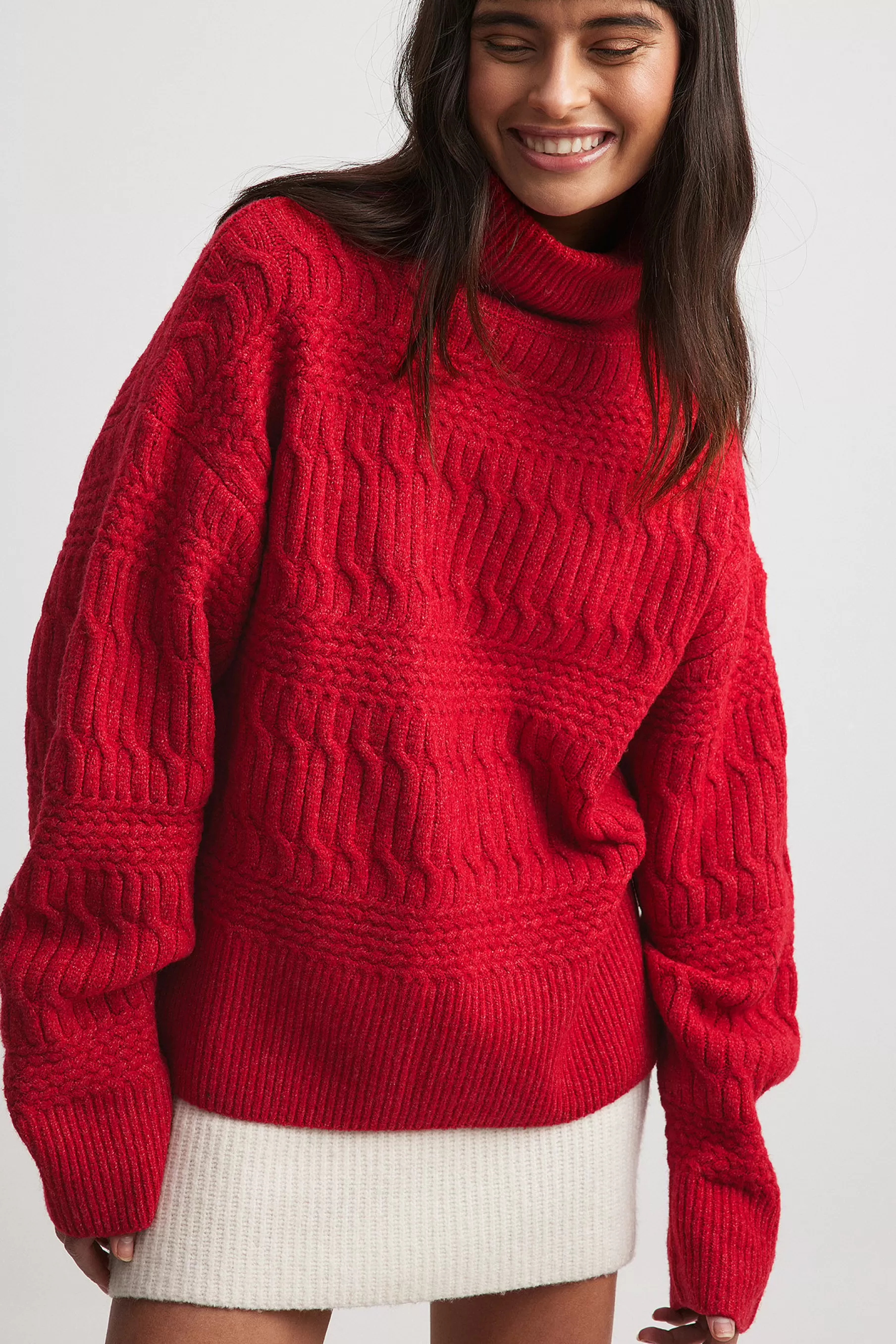 NA-KD High Neck Cable Knitted Sweater Red