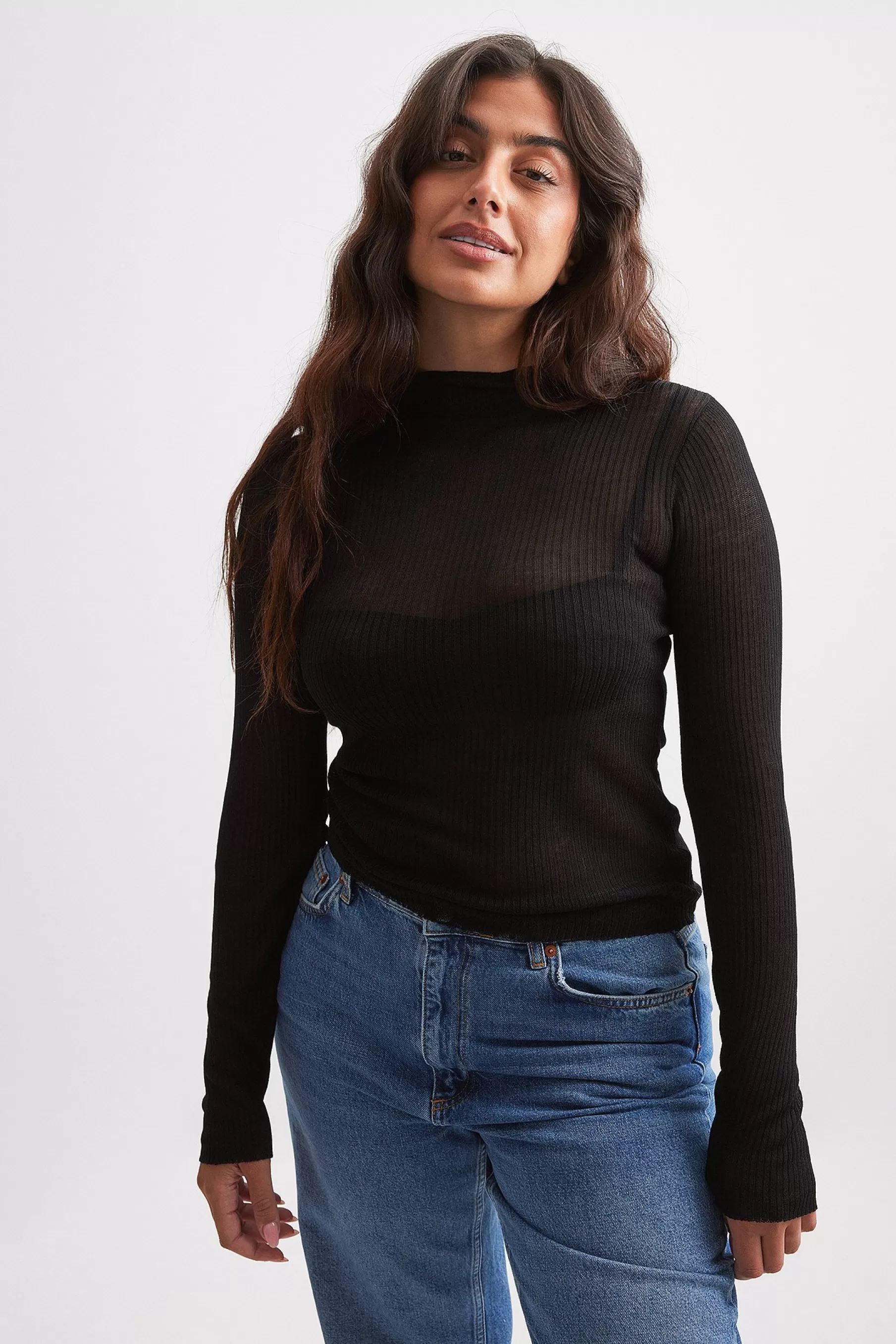 NA-KD High Neck Fine Knitted Top Black