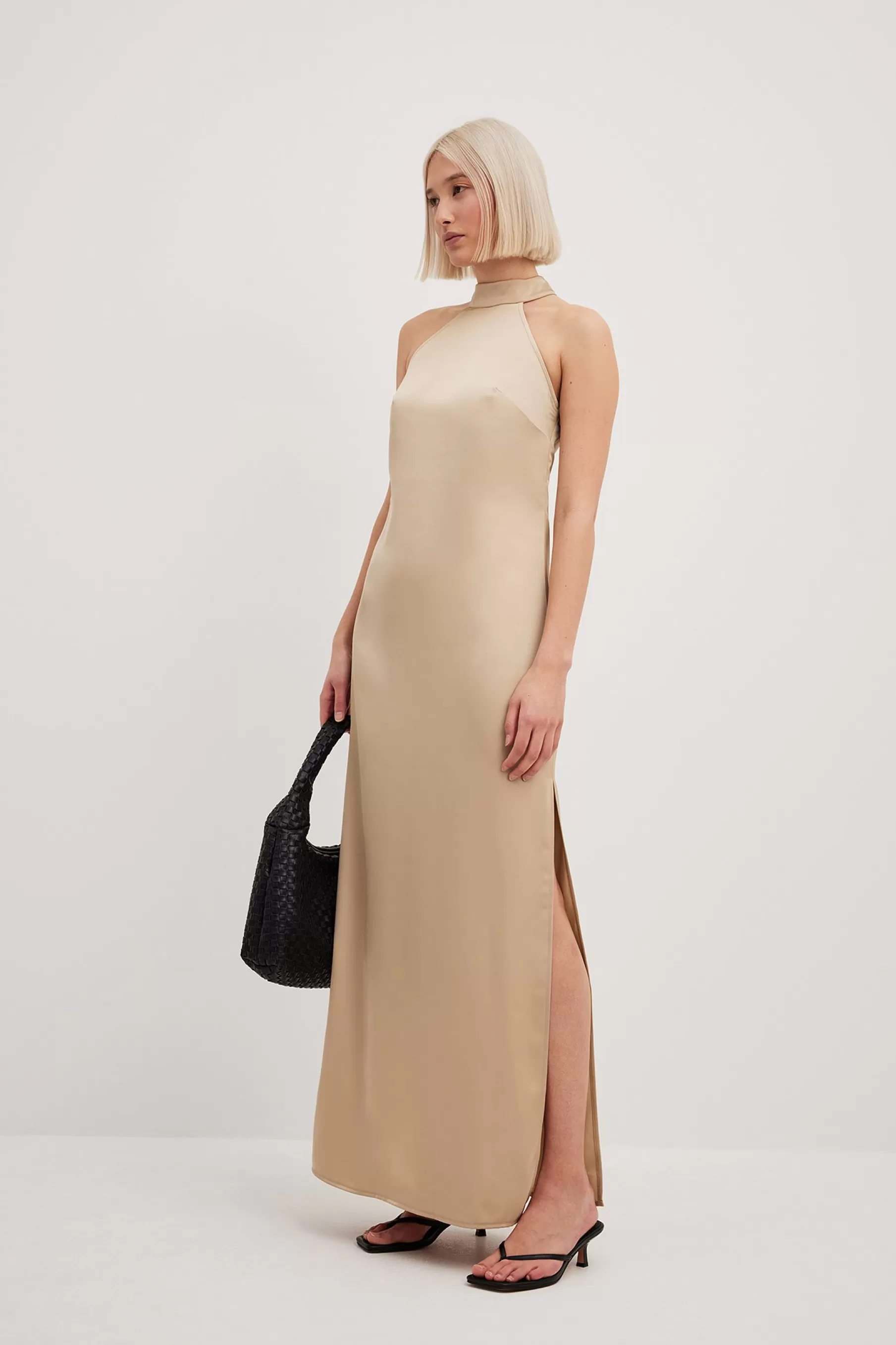 NA-KD High Neck Maxi Satin Dress Beige