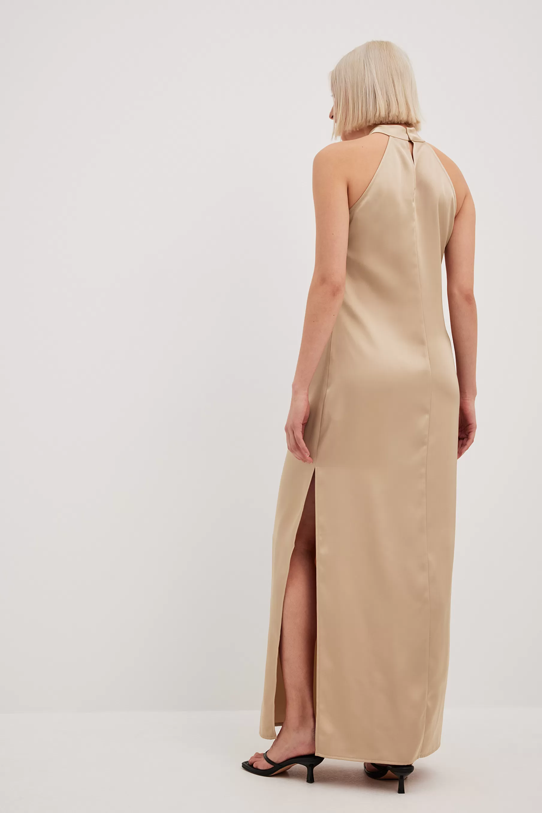 NA-KD High Neck Maxi Satin Dress Beige