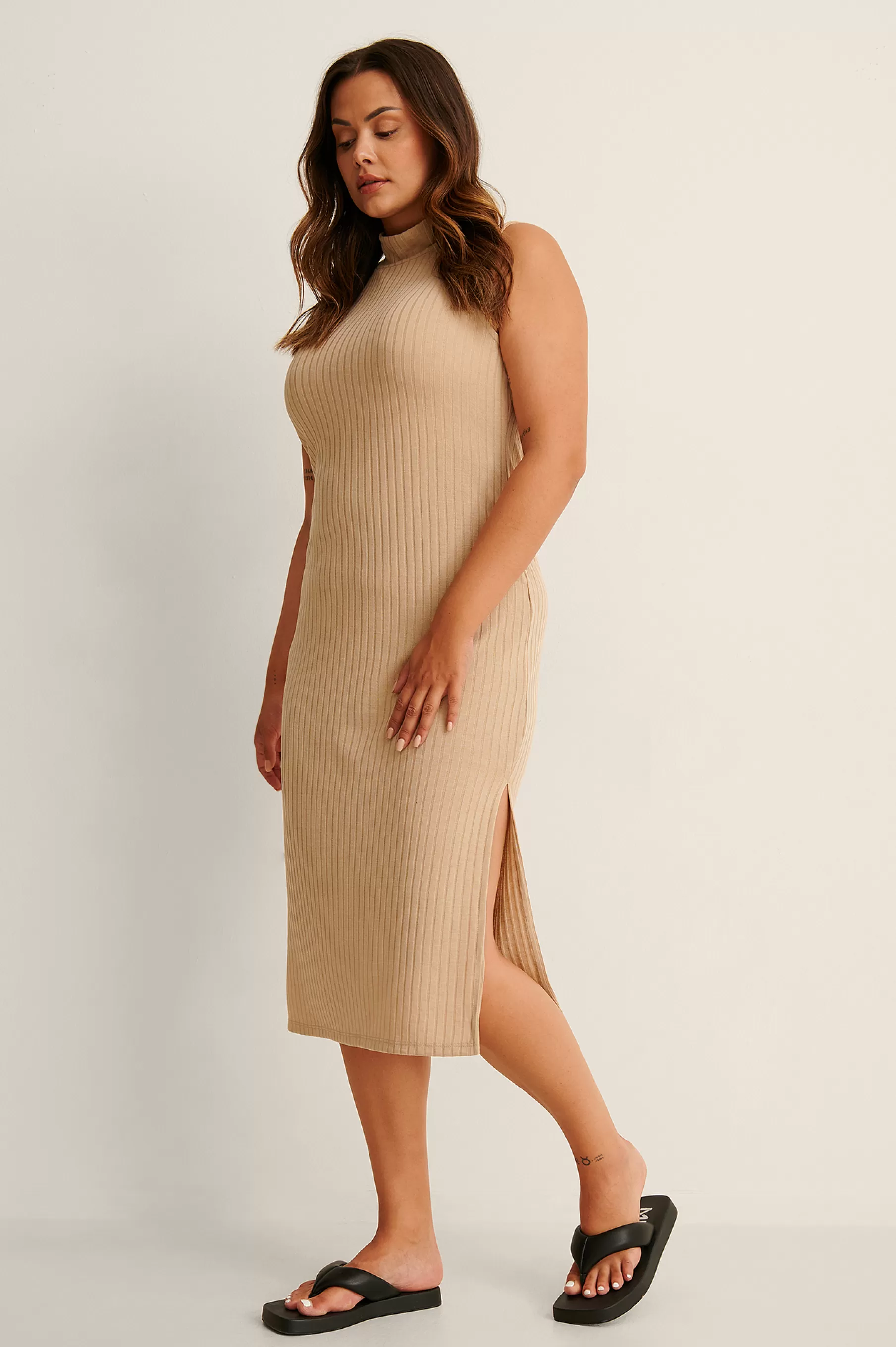 NA-KD High Neck Rib Sleeveless Dress Beige