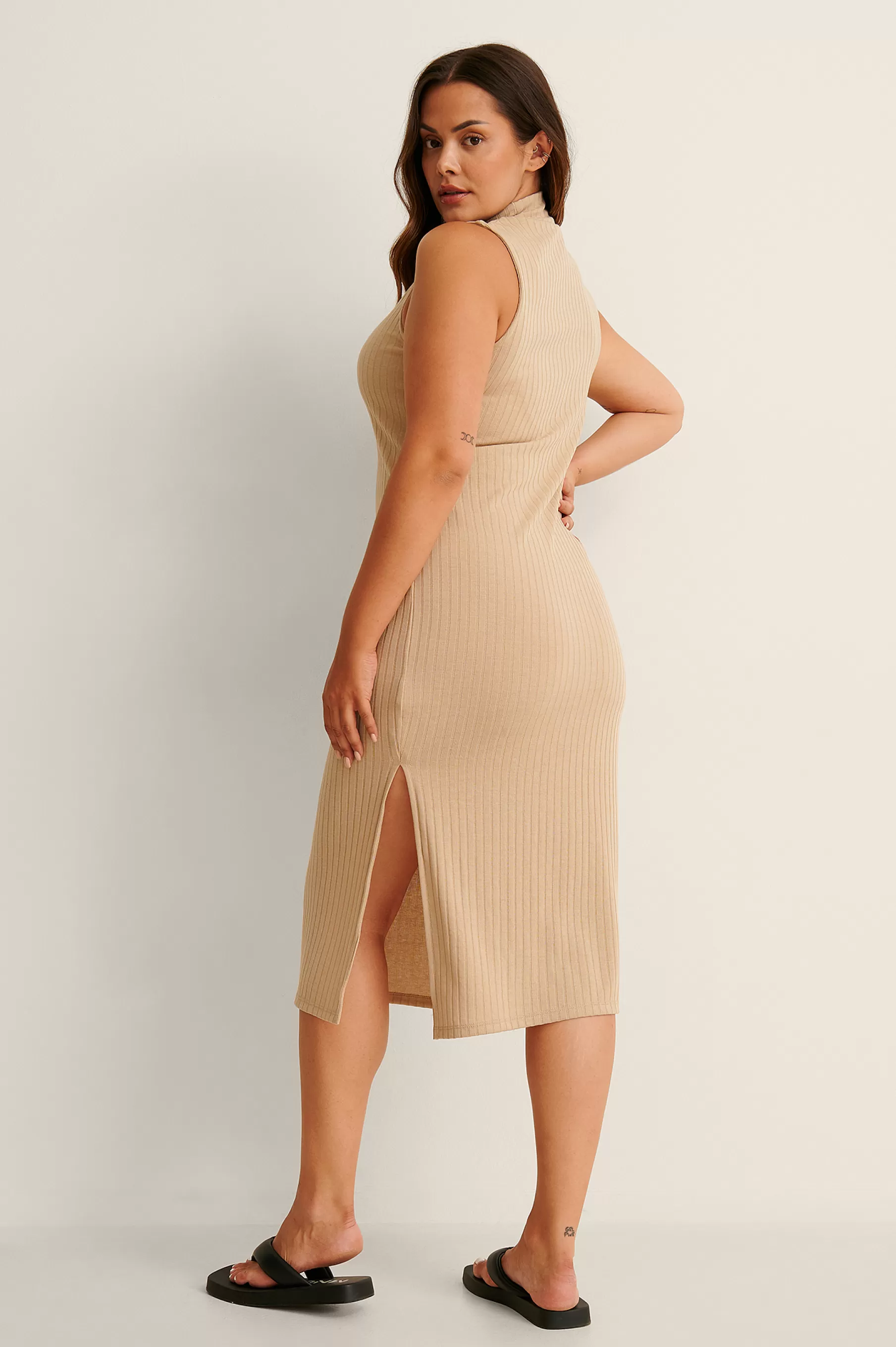 NA-KD High Neck Rib Sleeveless Dress Beige